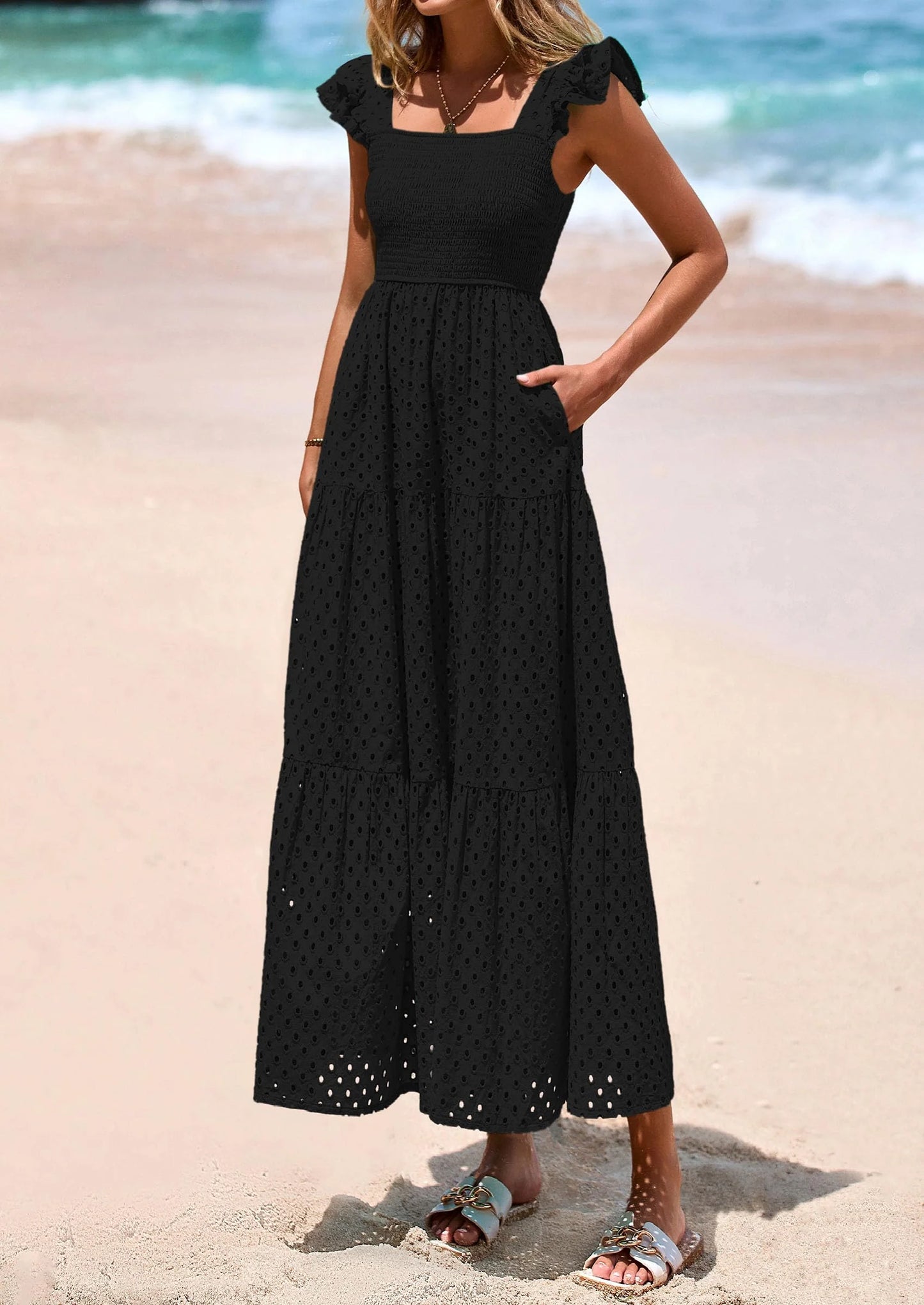 Womens Square Neck Maxi Dresses Cap Sleeve Eyelet Smocked Tiered A Line Flowy Long Dress with Pockets