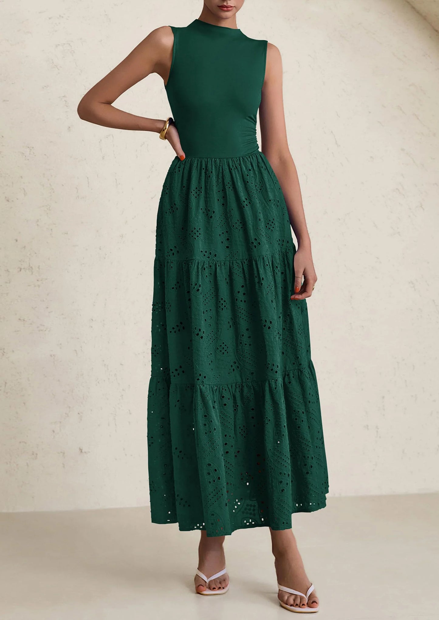 Dresses for Women Casual Eyelet Sleeveless Wedding Guest Maxi Dress Tank Top Sundress with Pockets