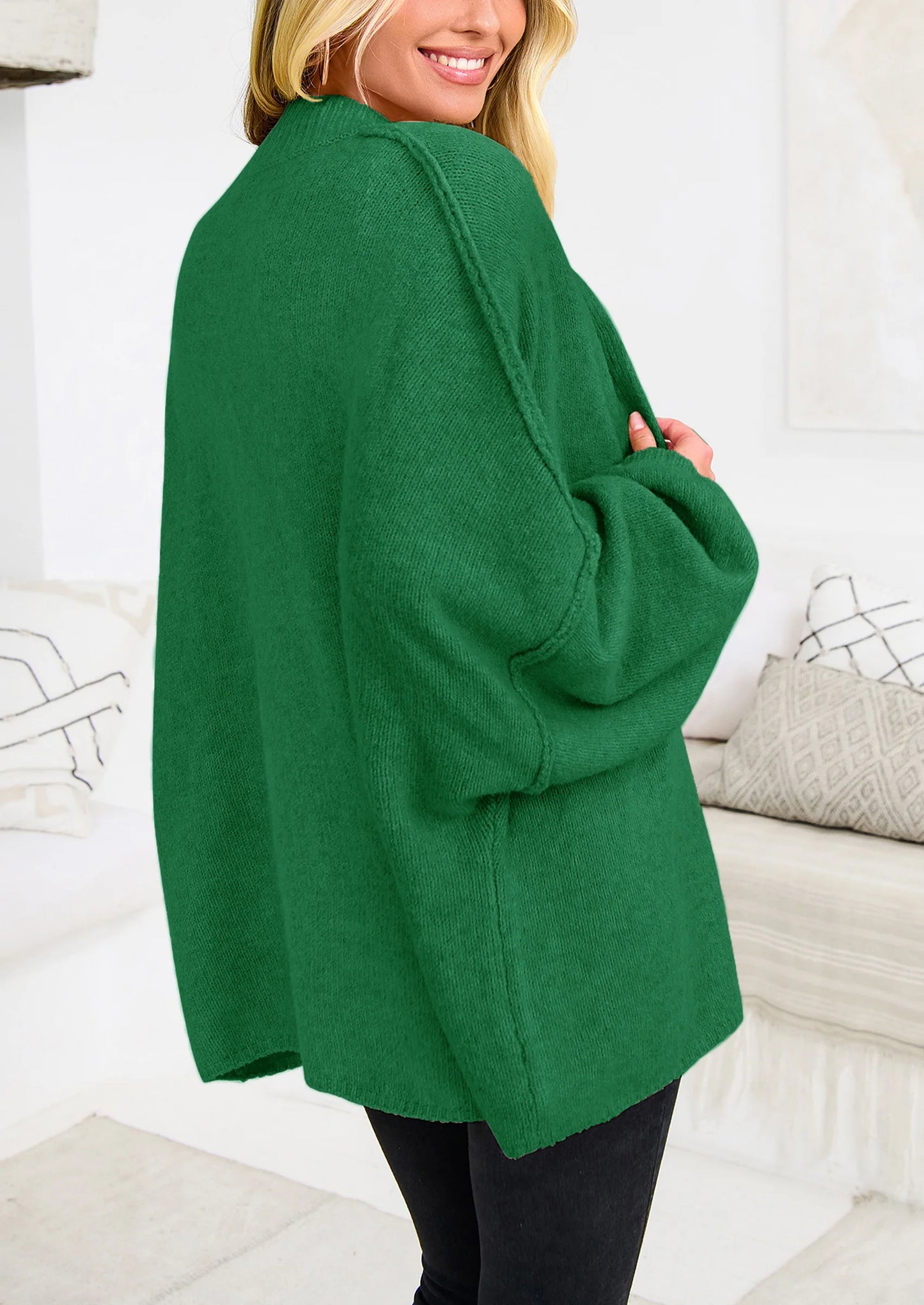 Women's Winter Button Down Cardigan Sweaters Mock Neck Lantern Long Sleeve Chunky Knit Jacket Trendy Outerwear