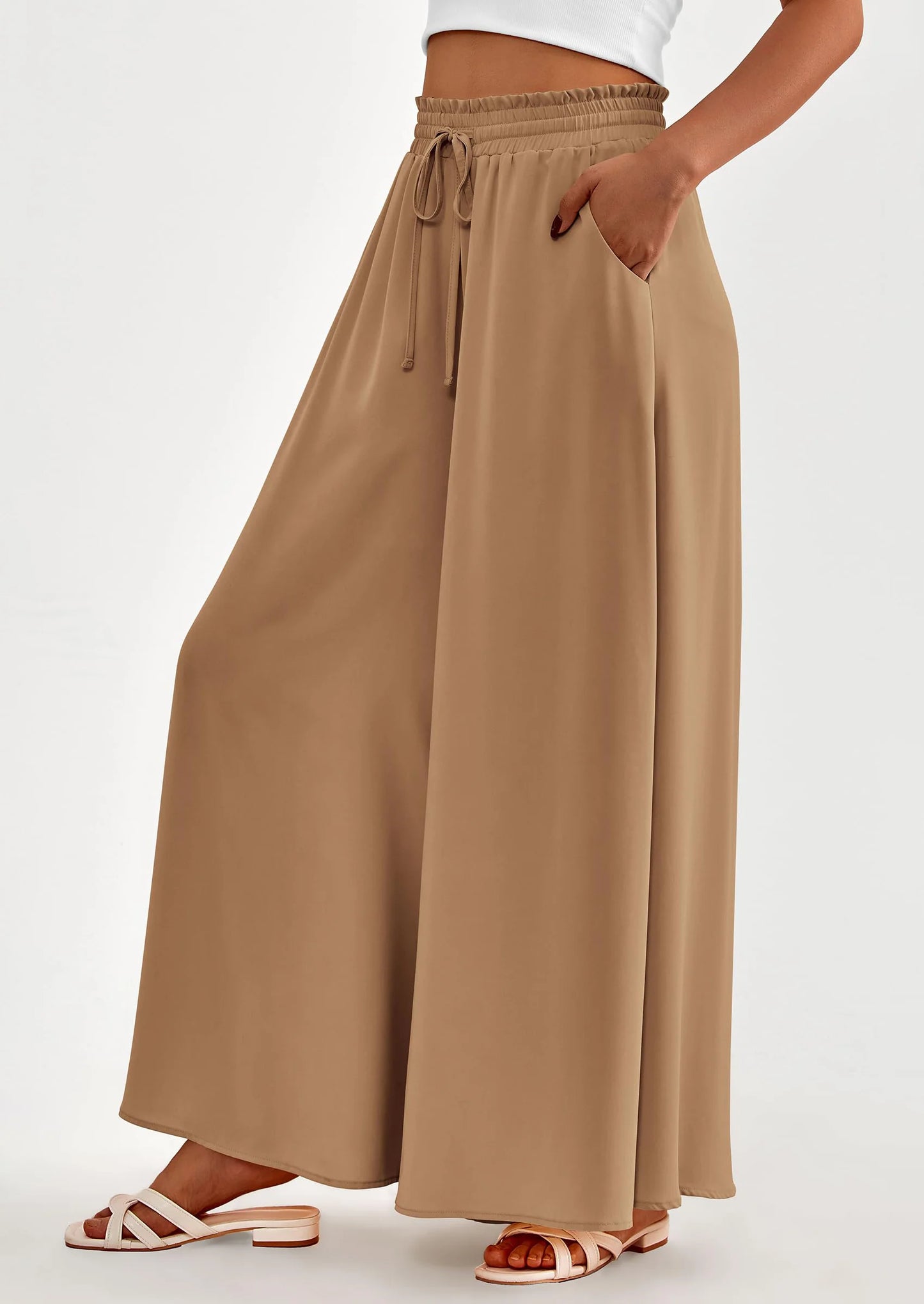 Women's Summer Wide Leg Palazzo Pants High Waisted Flowy Pockets Trendy Casual Lounge Boho Beach Trousers