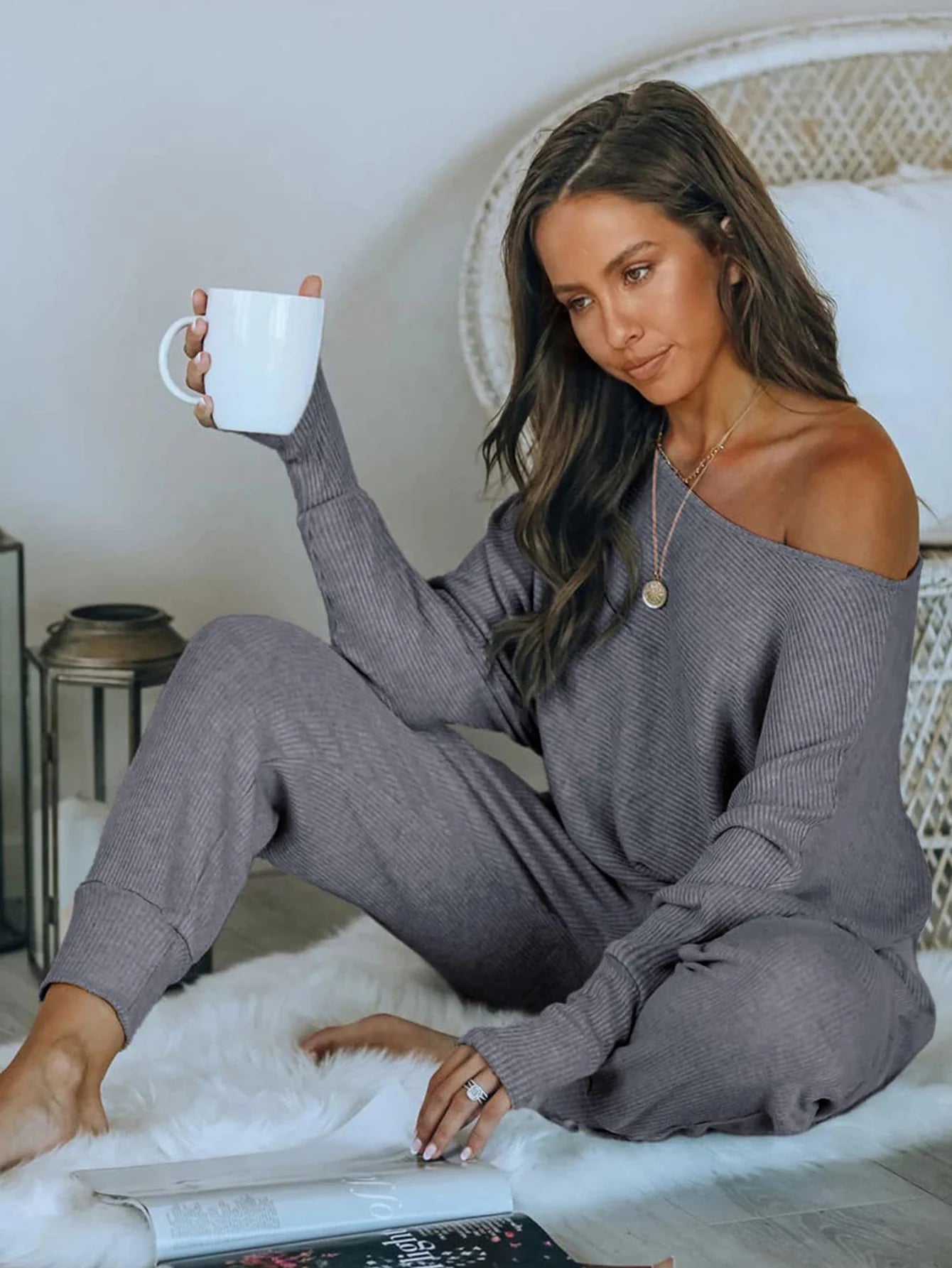 Women's 2 Piece Ribbed Tracksuit Outfits Off Shoulder Long Sleeve Pullover Lounge Pants with Pockets