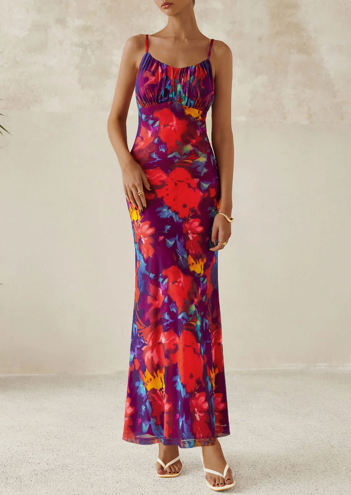 Women's Bodycon Maxi Dress Floral Sundress Sleeveless Spaghetti Strap Cocktail Party Dress