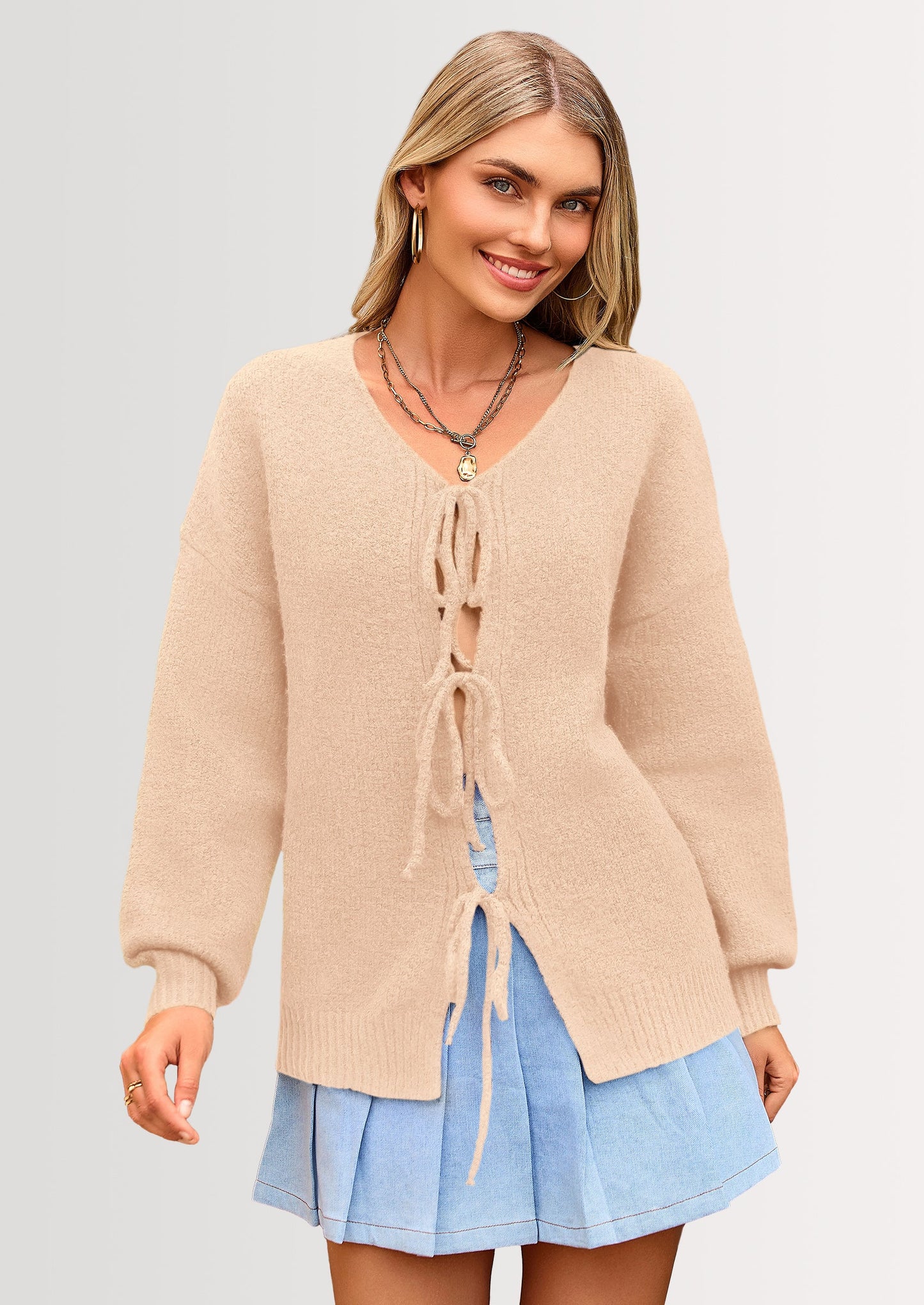 Women's Tie Front Bow Cardigan Sweaters Chunky Knit Long Puff Sleeve Trendy Fall Winter Jacket Coats