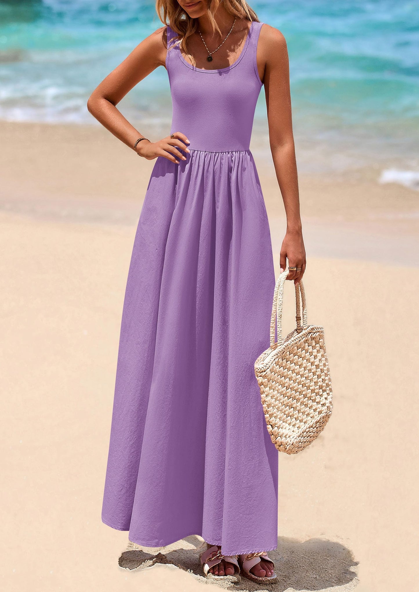 Womens Summer Casual Scoop Neck Sleeveless Long Dresses Tank Top Patchwork Aline Swing Maxi Dress with Pockets