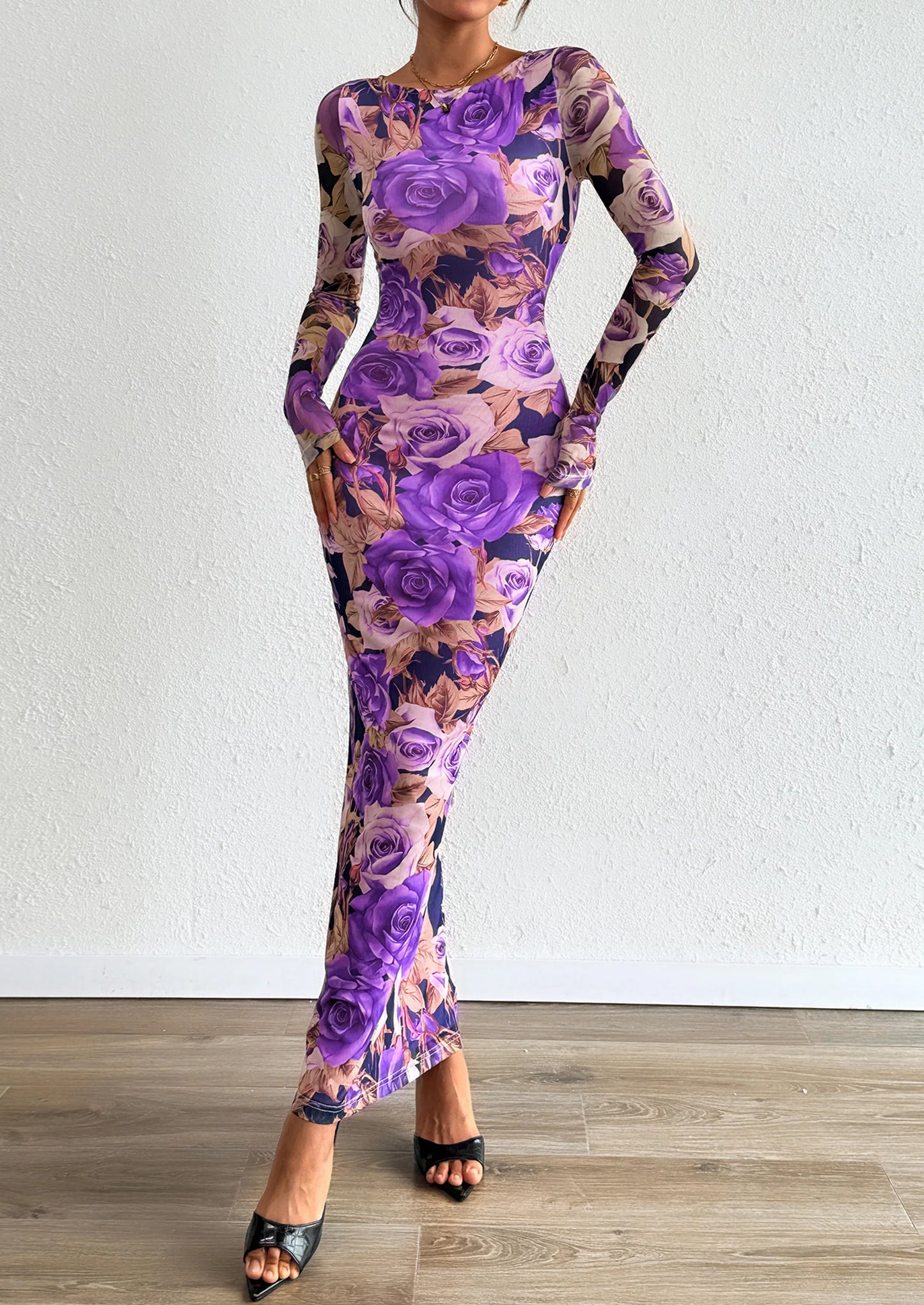 Bodycon Maxi Dress Fall Floral Long Sleeve Sexy Mesh Cocktail Wedding Guest Long Dresses