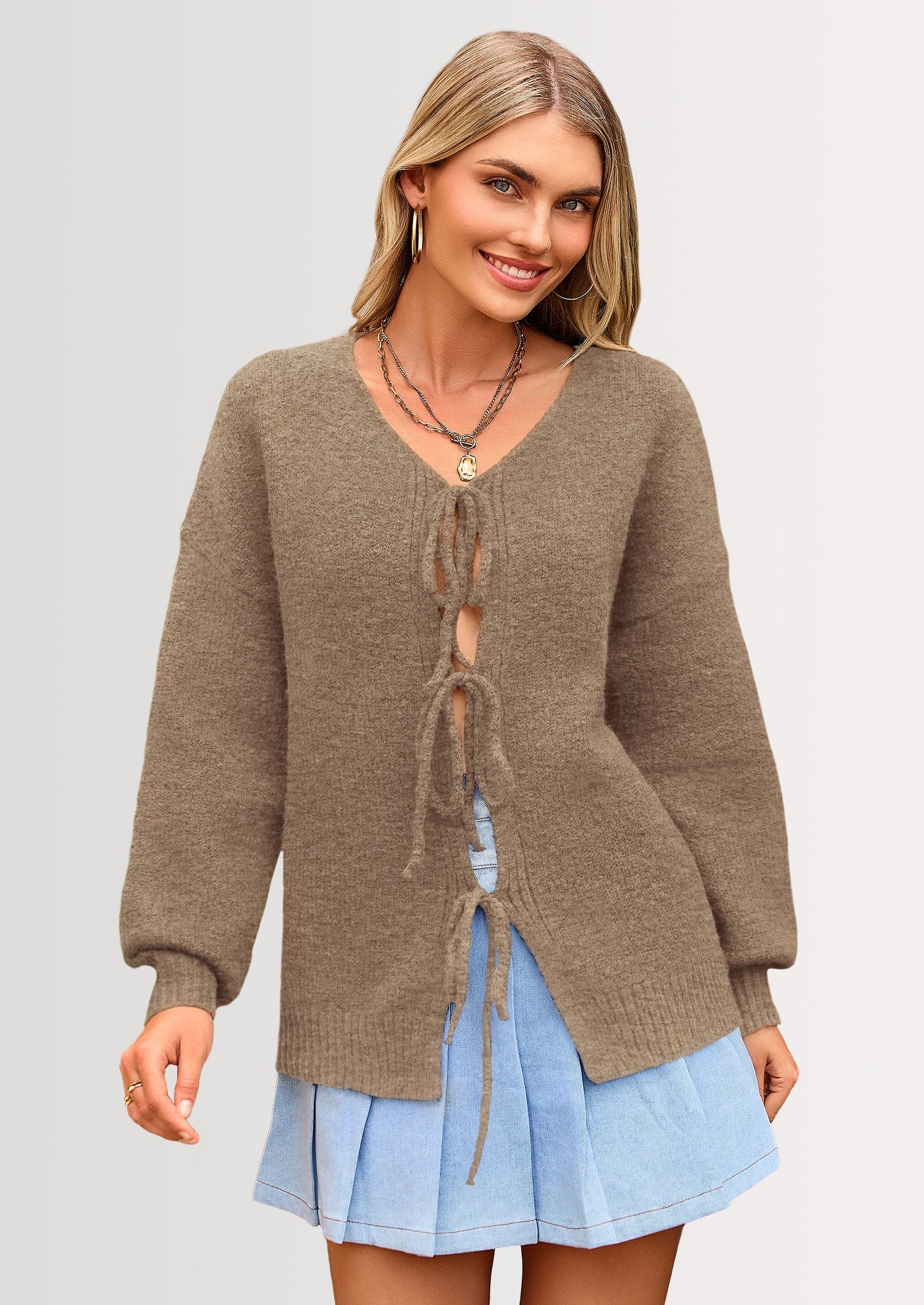 Women's Tie Front Bow Cardigan Sweaters Chunky Knit Long Puff Sleeve Trendy Fall Winter Jacket Coats
