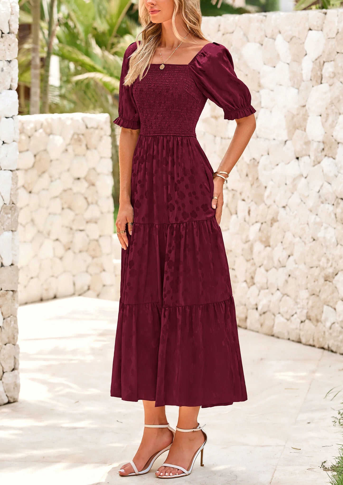 Women's Casual Midi Dresses Square Neck Short Sleeve Smocked A Line Floral Flowy Elegant Boho Dress