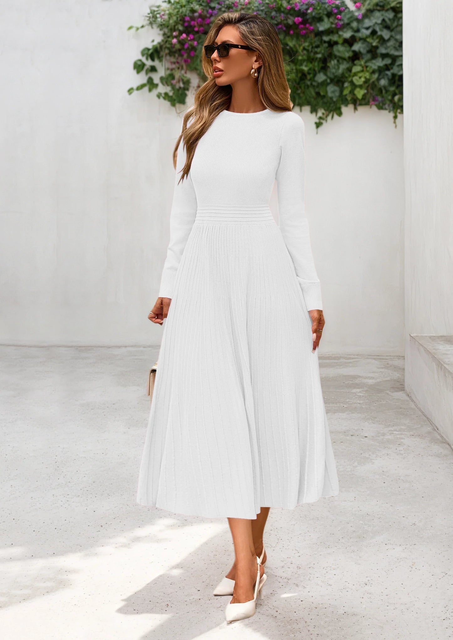 Women's Long Sleeve Midi Sweater Dress Fall Crewneck Knit A Line Pleated Wedding Guest Winter Dresses