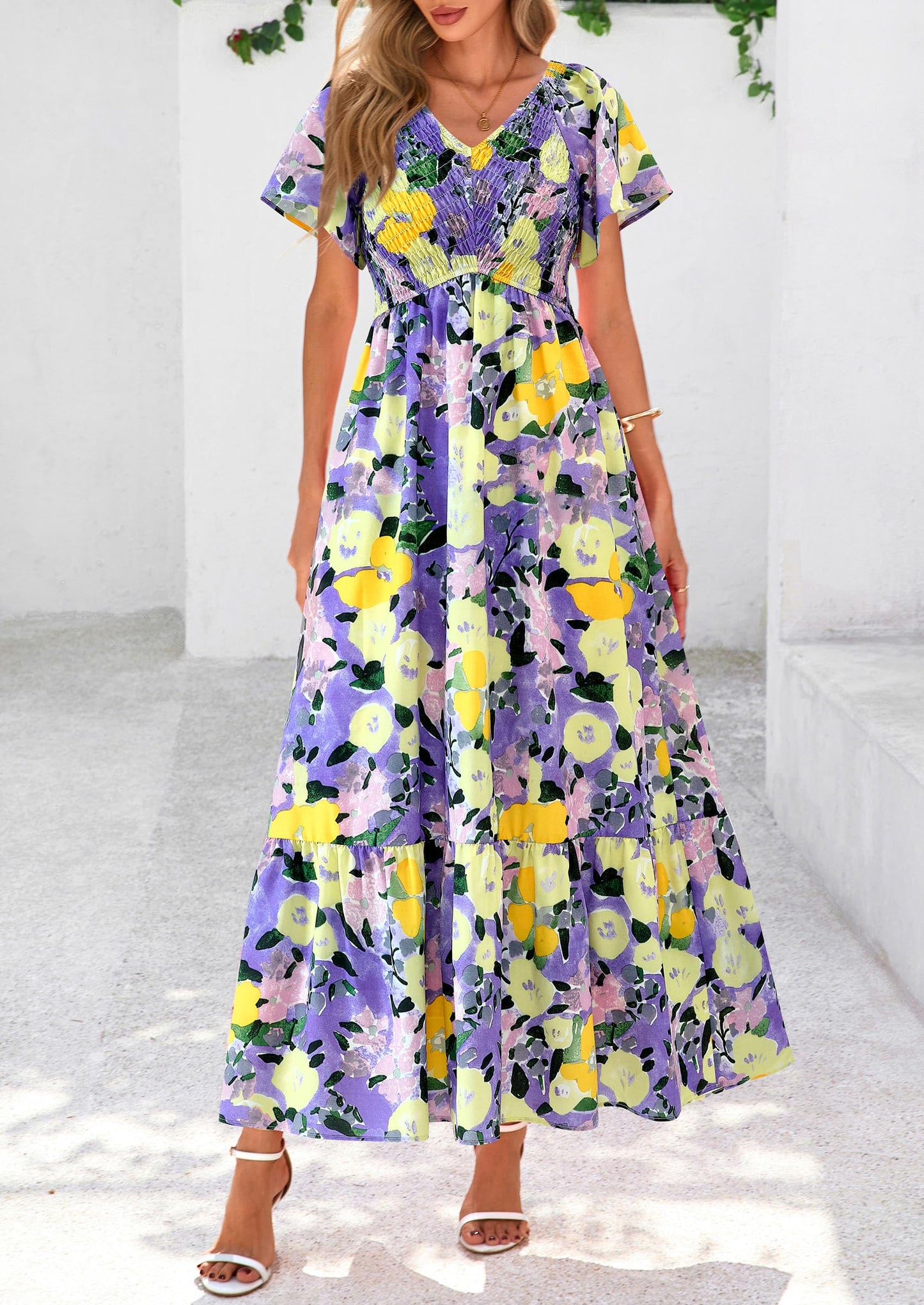 Women Floral Boho Maxi Dresses Short Sleeve V Neck Smocked A Line Long Flowy Beach Vacation Dress