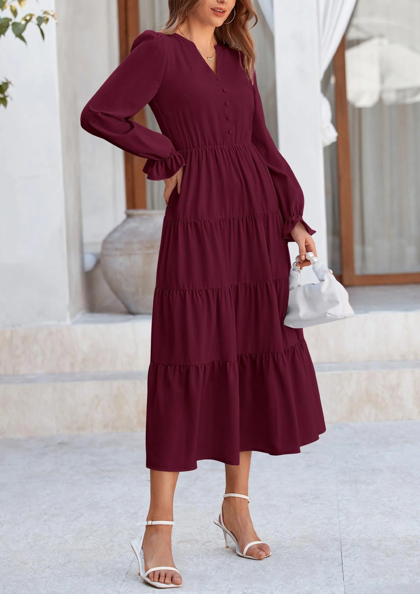 Women Fall Long Sleeve Smocked Maxi Dress Casual Square Neck Swiss Dot Tiered Ruffle Flowy Spring Pocket Dresses