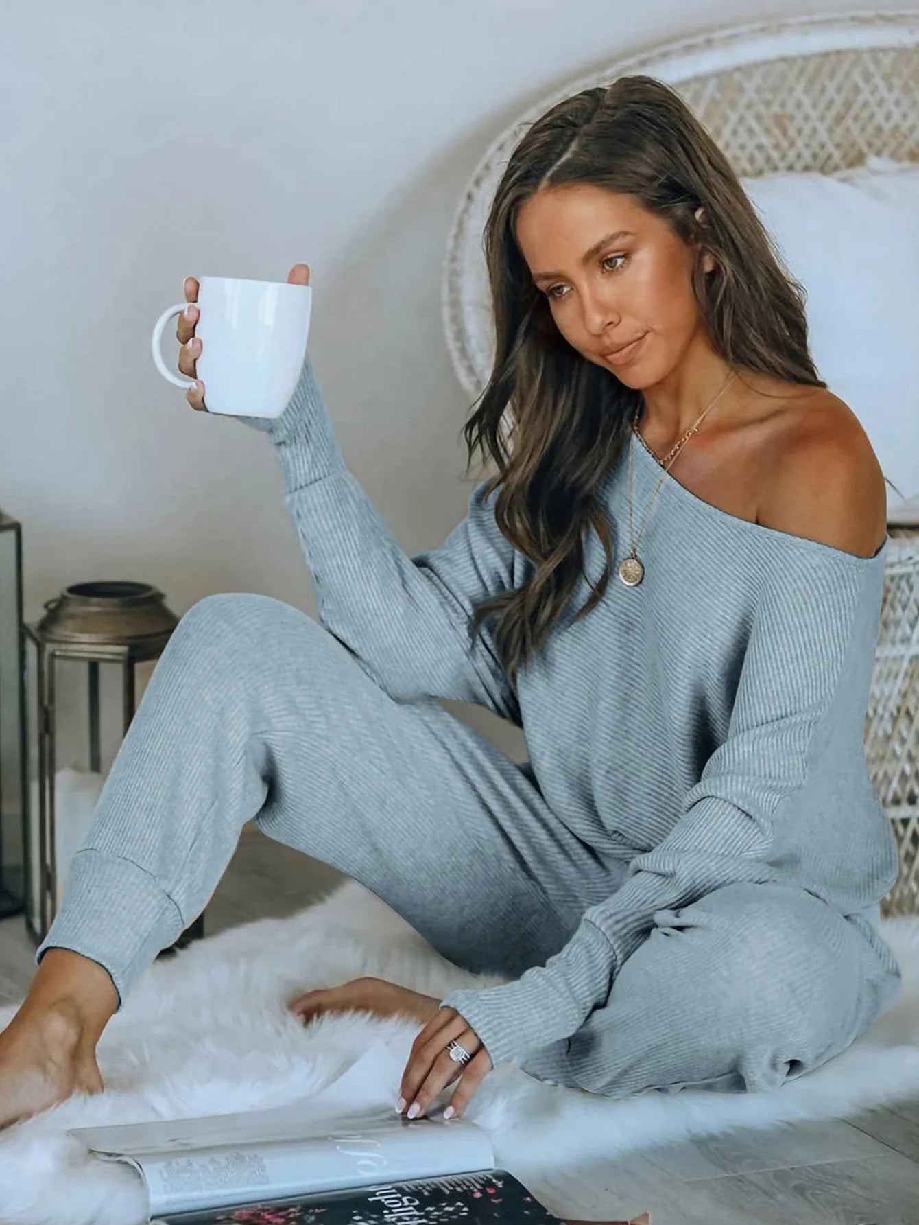 Women's 2 Piece Ribbed Tracksuit Outfits Off Shoulder Long Sleeve Pullover Lounge Pants with Pockets