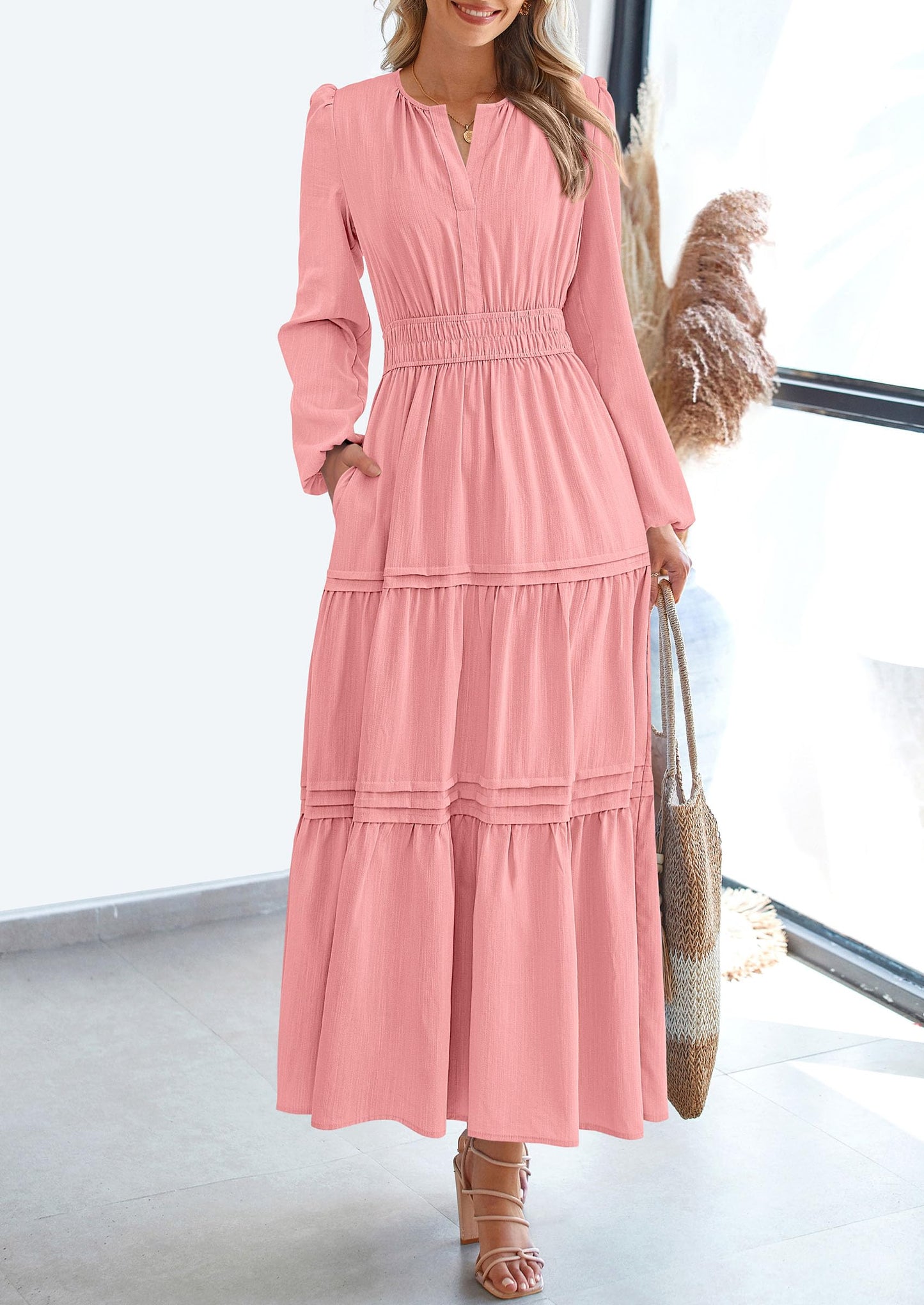 Women's Elegant Maxi Dresses Long Sleeve V Neck Flowy Pockets Casual Modest Dress Fall Fashion Clothes