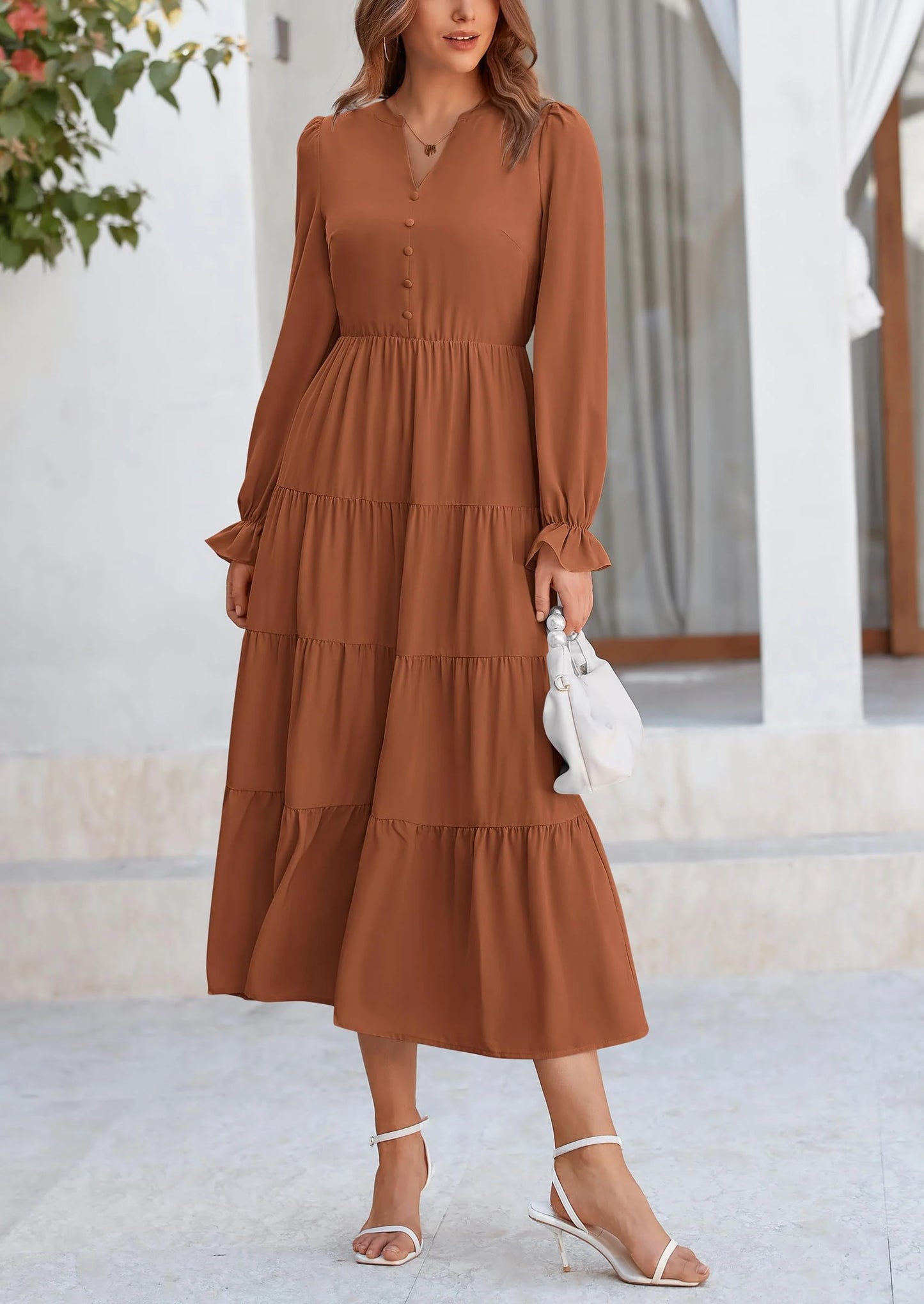 Women Fall Long Sleeve Smocked Maxi Dress Casual Square Neck Swiss Dot Tiered Ruffle Flowy Spring Pocket Dresses