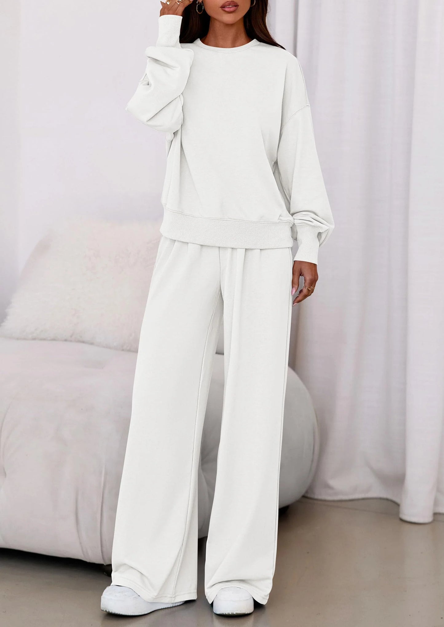 Womens 2 Piece Sets Long Sleeve Sweatshirt Wide Leg Pants Loose Matching Lounge Set Trendy Fall Outfits