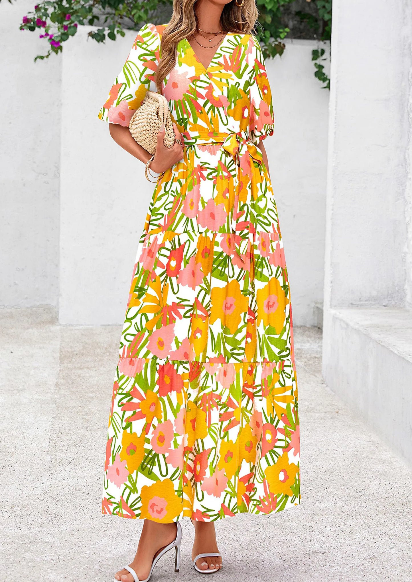 Women's Maxi Dress Resort Wear Boho Floral V Neck Puff Short Sleeve Ruffle Flowy Beach Long Dresses