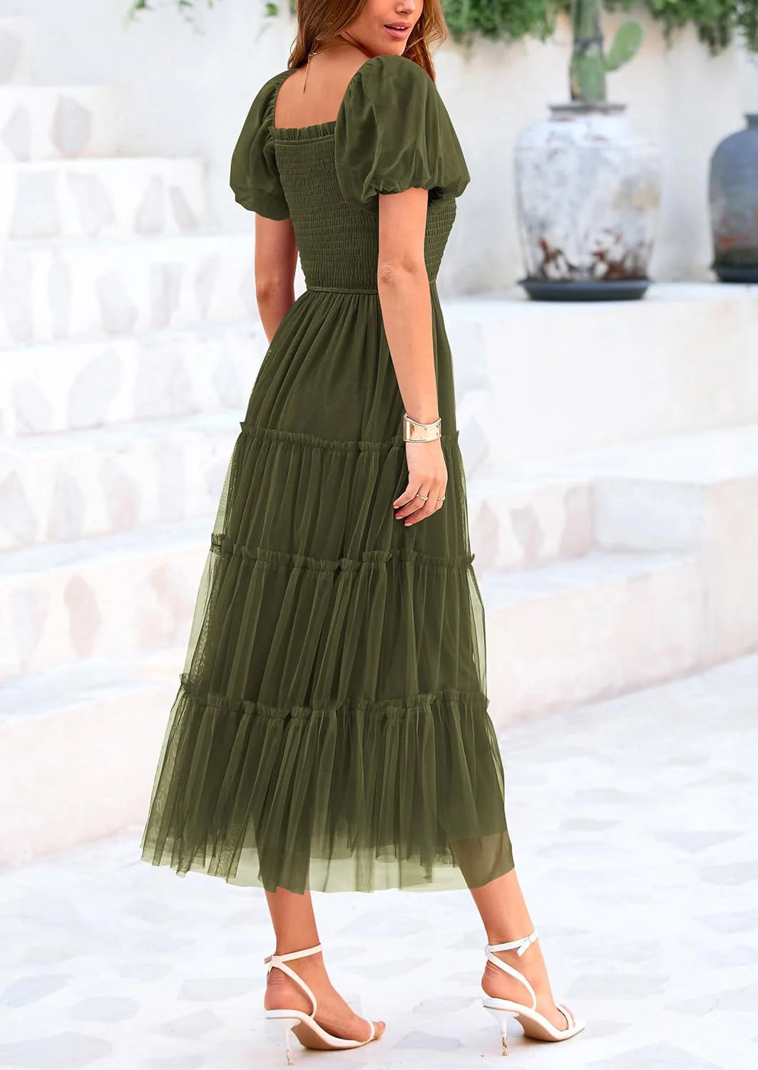 Women's Smocked Tulle Midi Dress Square Neck Puffy Short Sleeve Ruffle Wedding Guest Party Dresses
