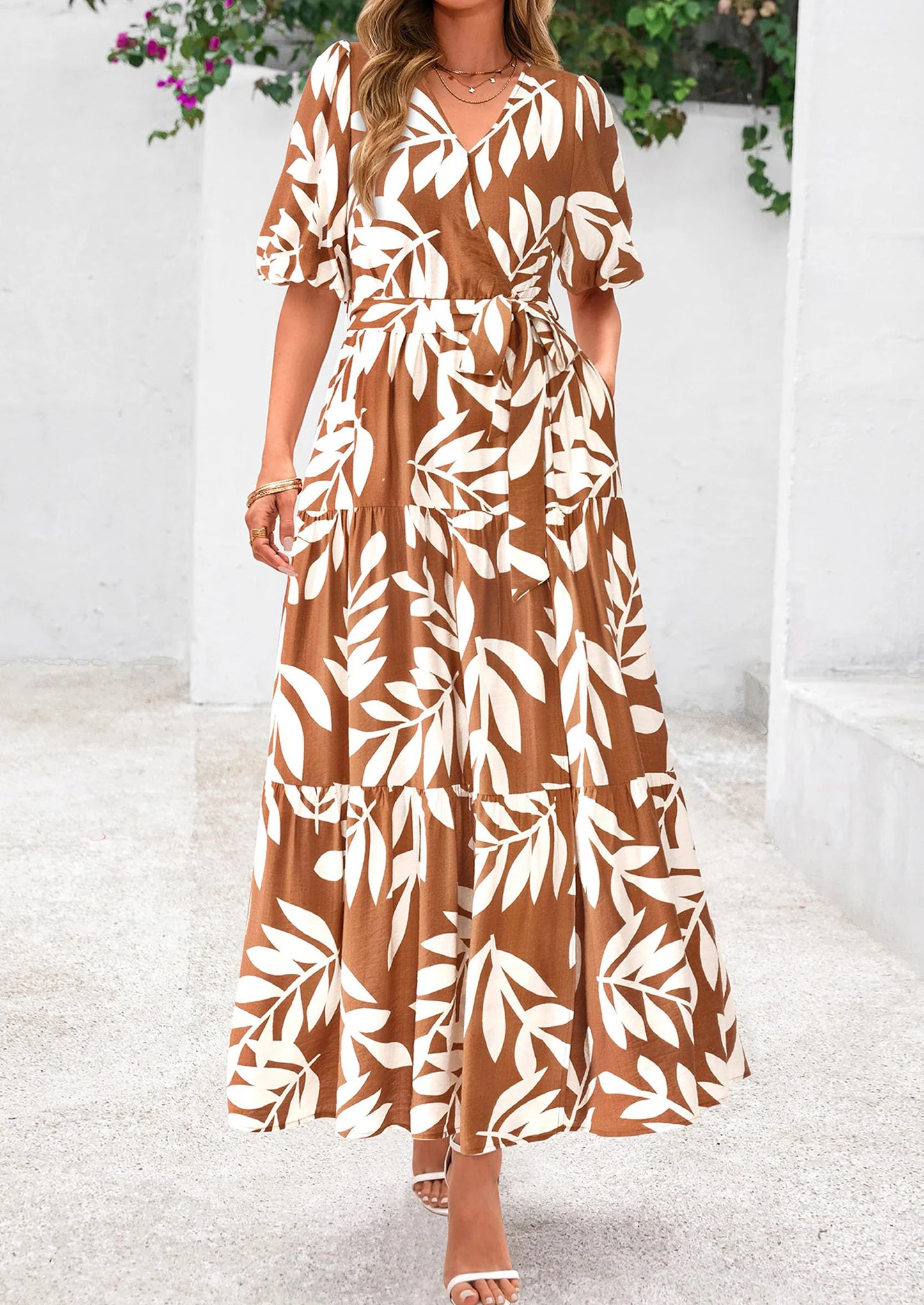 Women's Maxi Dress Resort Wear Boho Floral V Neck Puff Short Sleeve Ruffle Flowy Beach Long Dresses