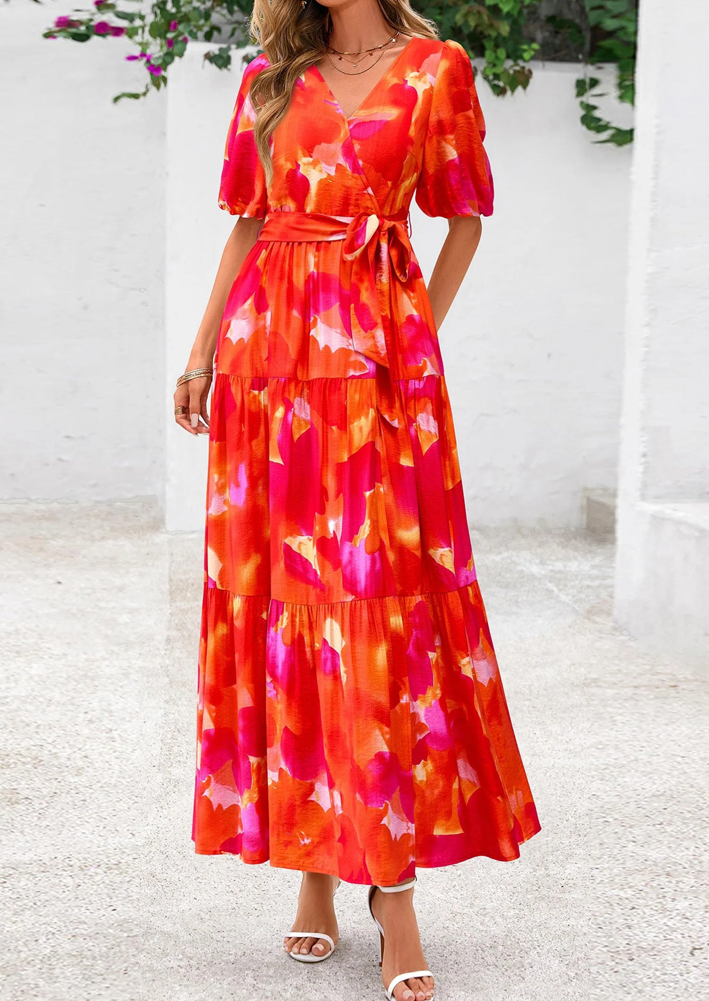 Women's Maxi Dress Resort Wear Boho Floral V Neck Puff Short Sleeve Ruffle Flowy Beach Long Dresses