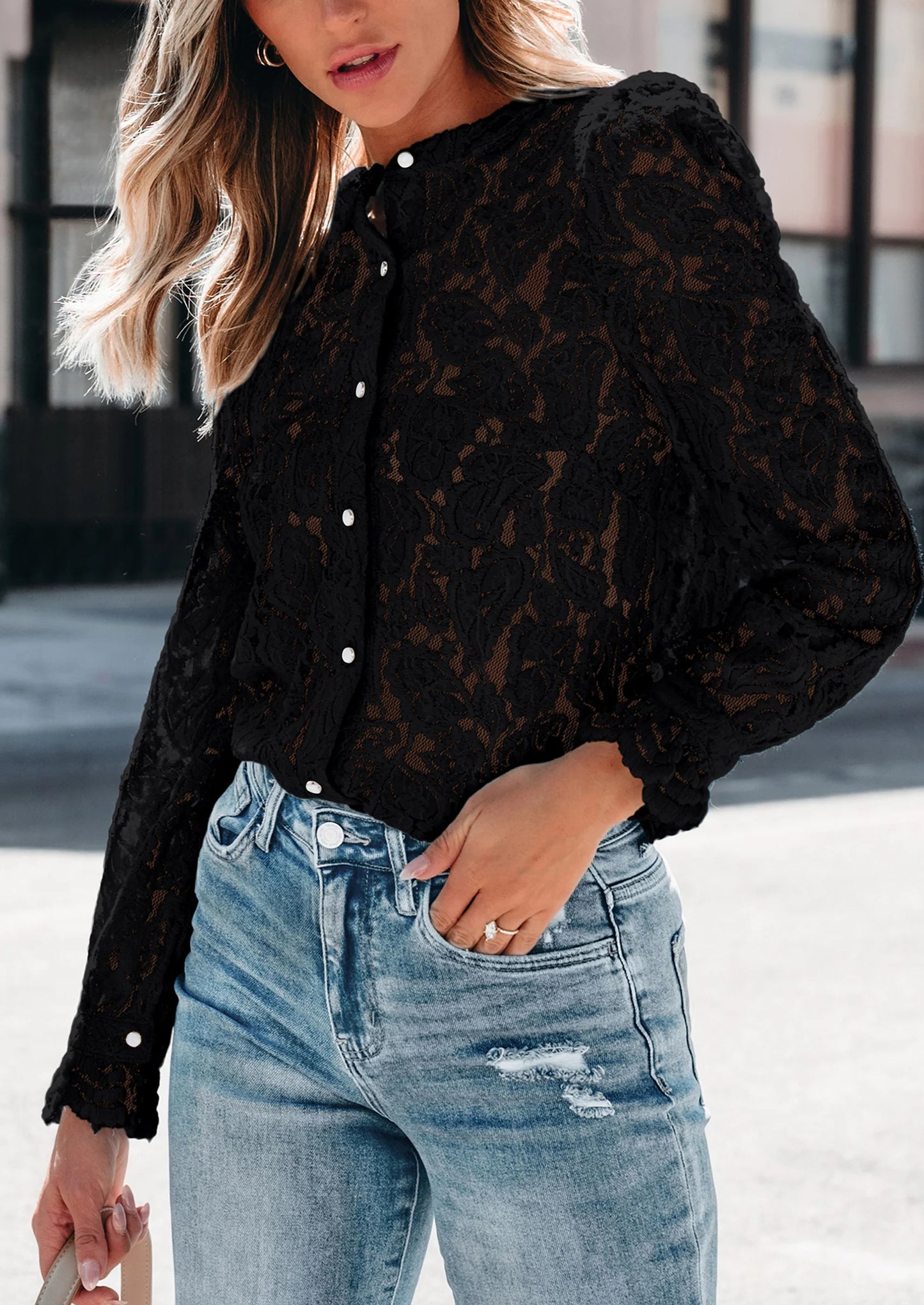 Women's Dressy Casual Lace Blouse Long Sleeve Button Up Shirts Tops Spring Fall Fashion Clothes