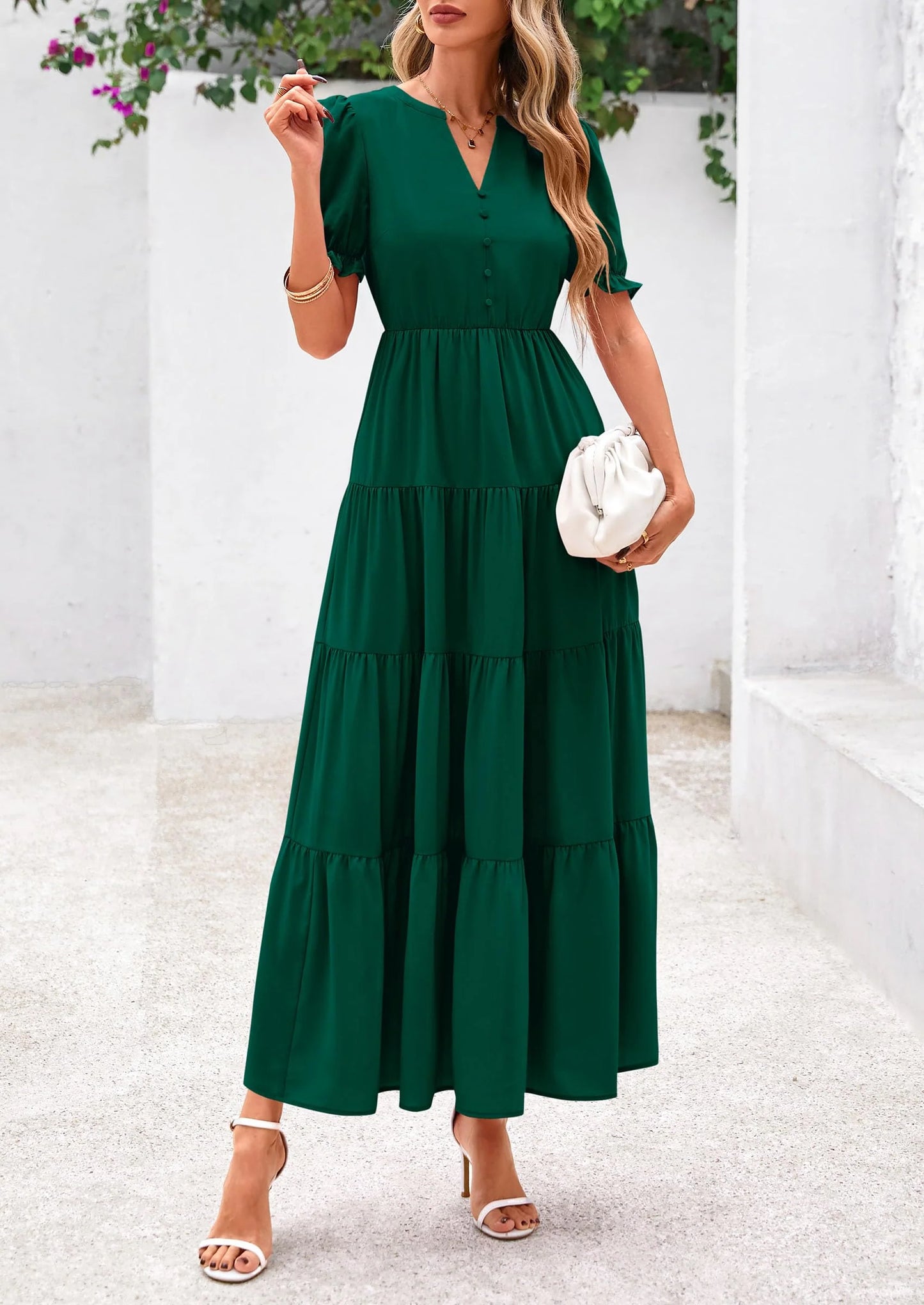 Women's Casual Short Sleeve V Neck Midi Dresses Spring A-line Tiered Wedding Guest Dress