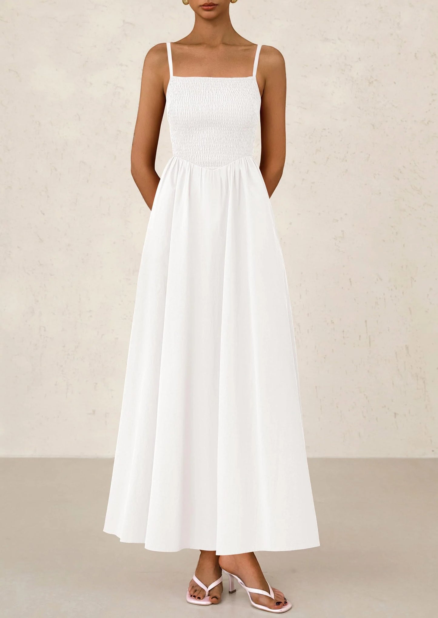 Women's Smocked Maxi Dresses Beach Sundress Casual Spaghetti Strap Swing A Line Long Flowy Dress