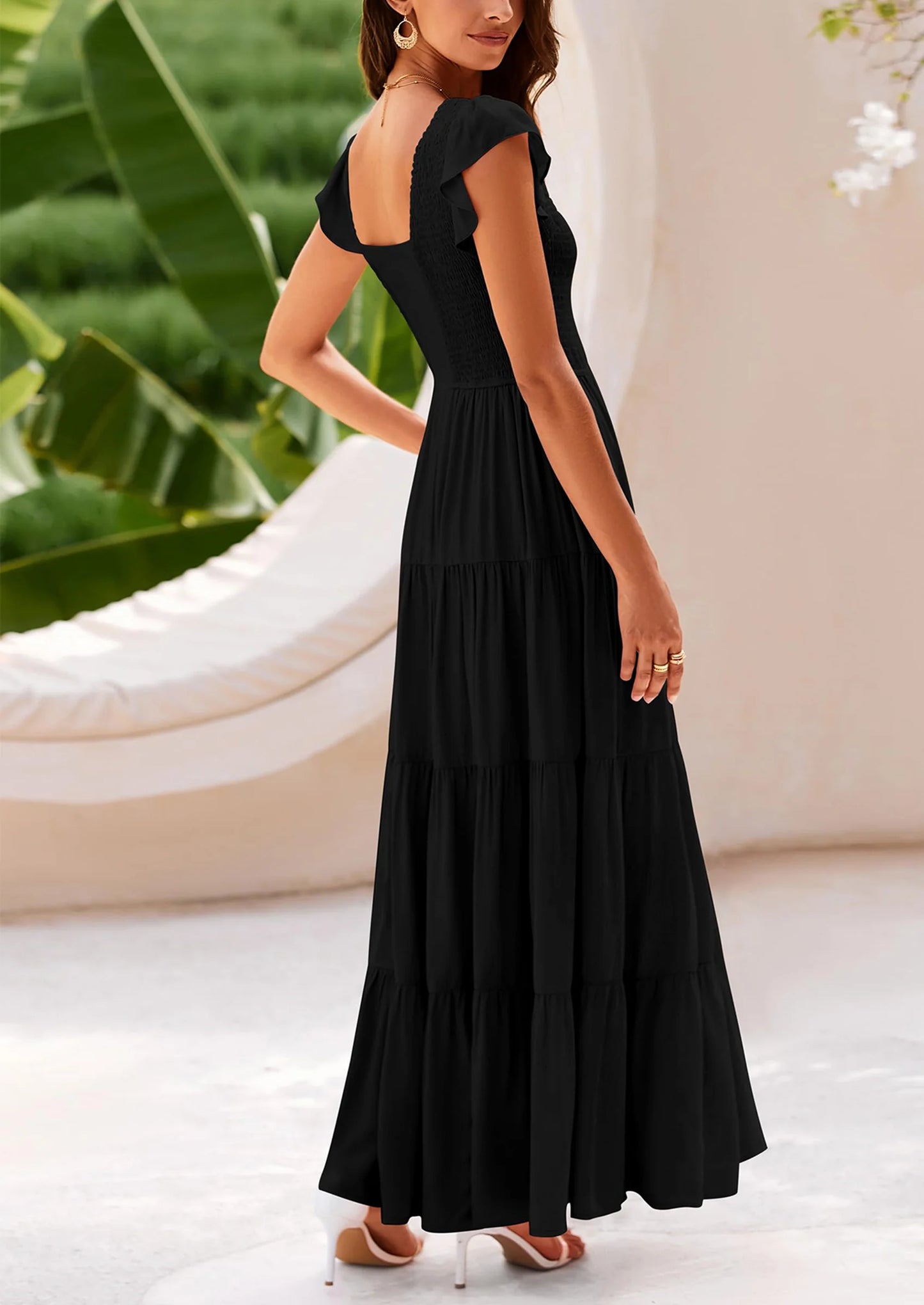 Women's Flowy Maxi Dress Casual Cap Sleeve V Neck Smocked Beach Sundress