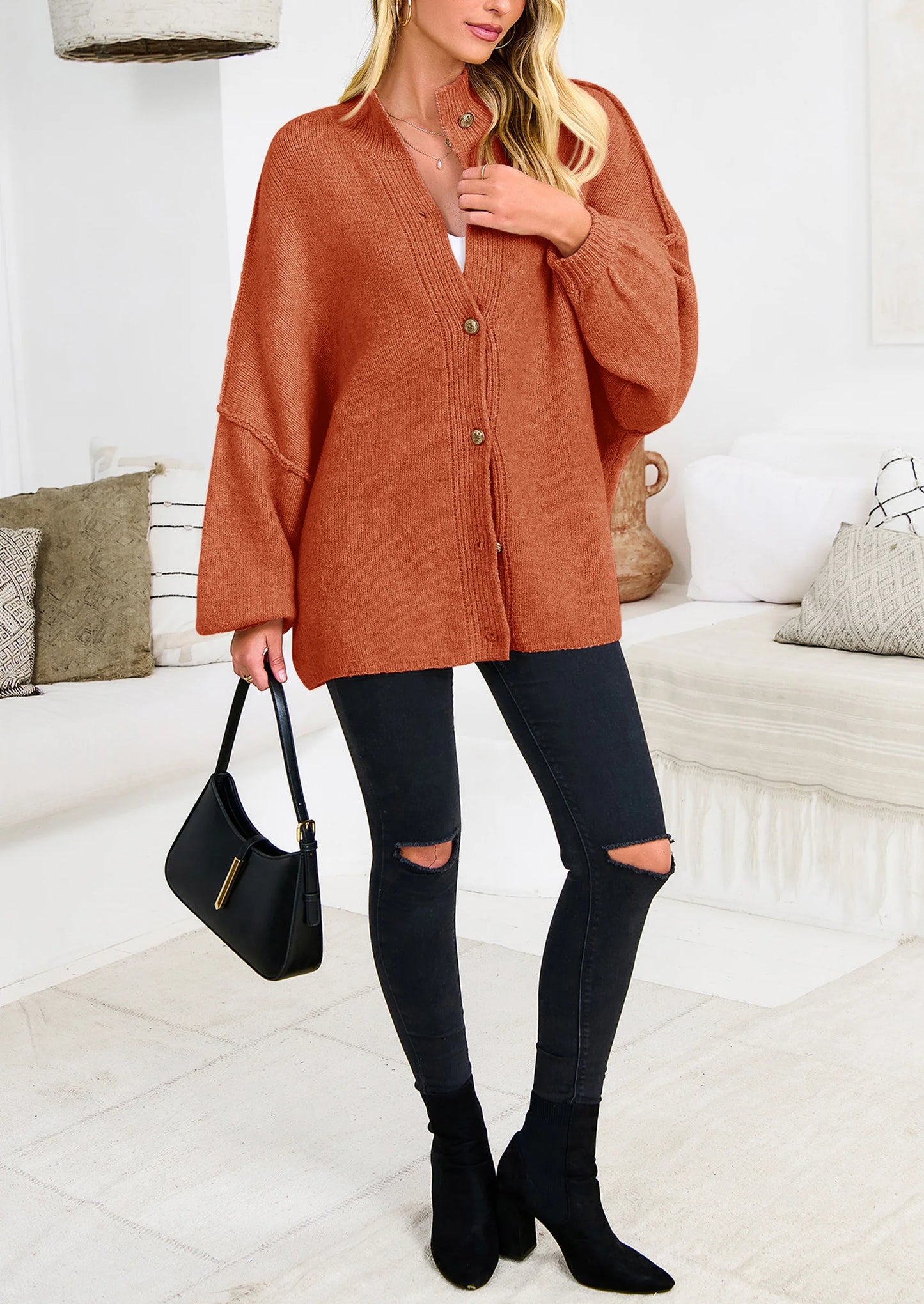 Women's Winter Button Down Cardigan Sweaters Mock Neck Lantern Long Sleeve Chunky Knit Jacket Trendy Outerwear