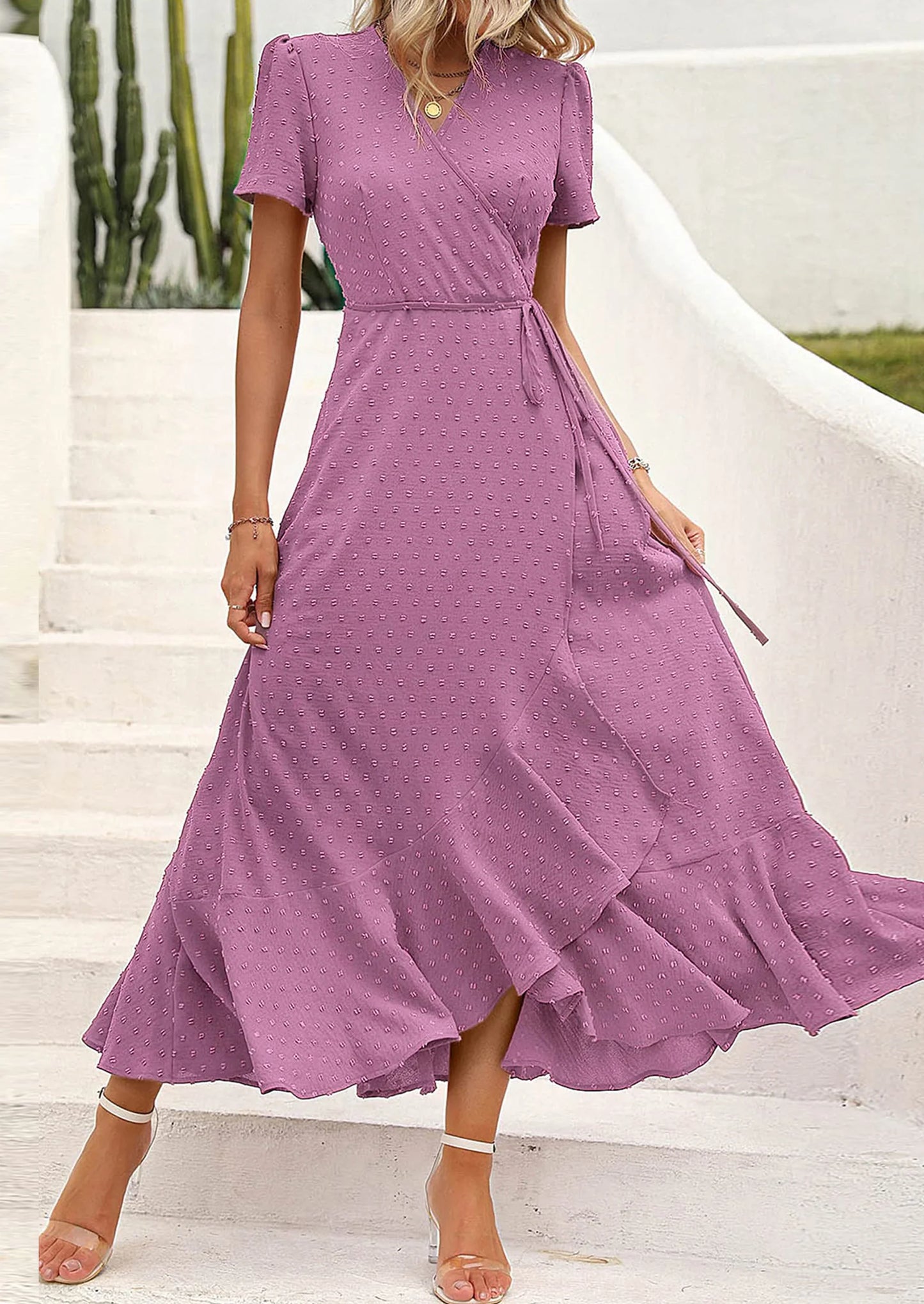 Women's Summer Maxi Dress Casual Wrap Floral Boho Short Sleeve V Neck Split Ruffle Beach Long Dresses