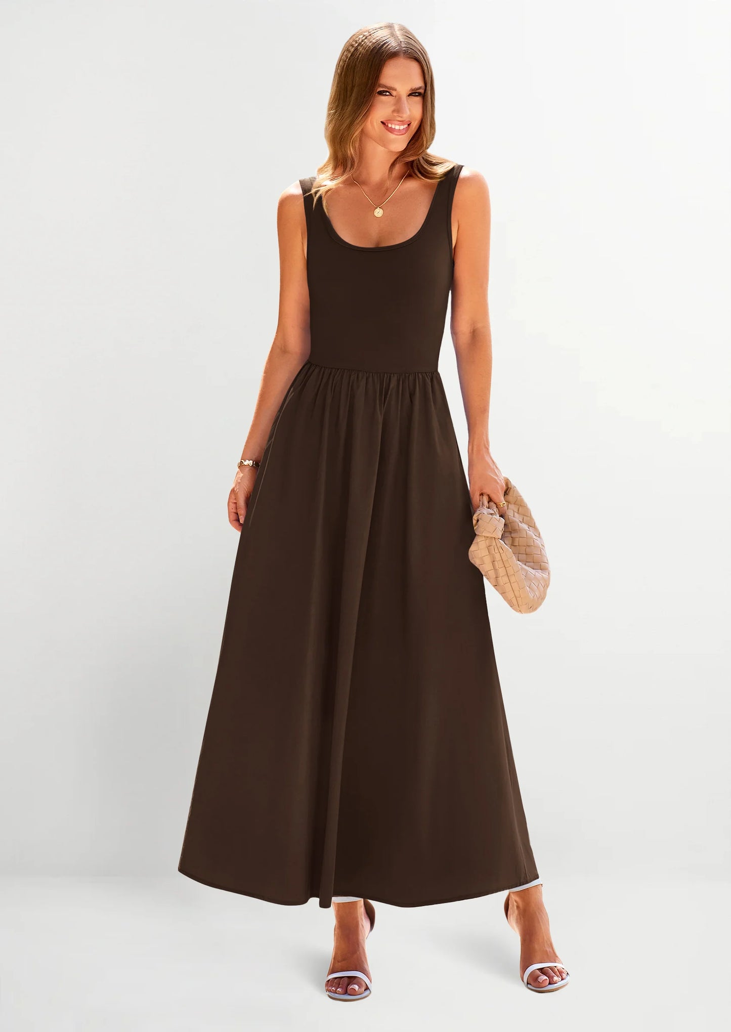 Womens Summer Casual Scoop Neck Sleeveless Long Dresses Tank Top Patchwork Aline Swing Maxi Dress with Pockets
