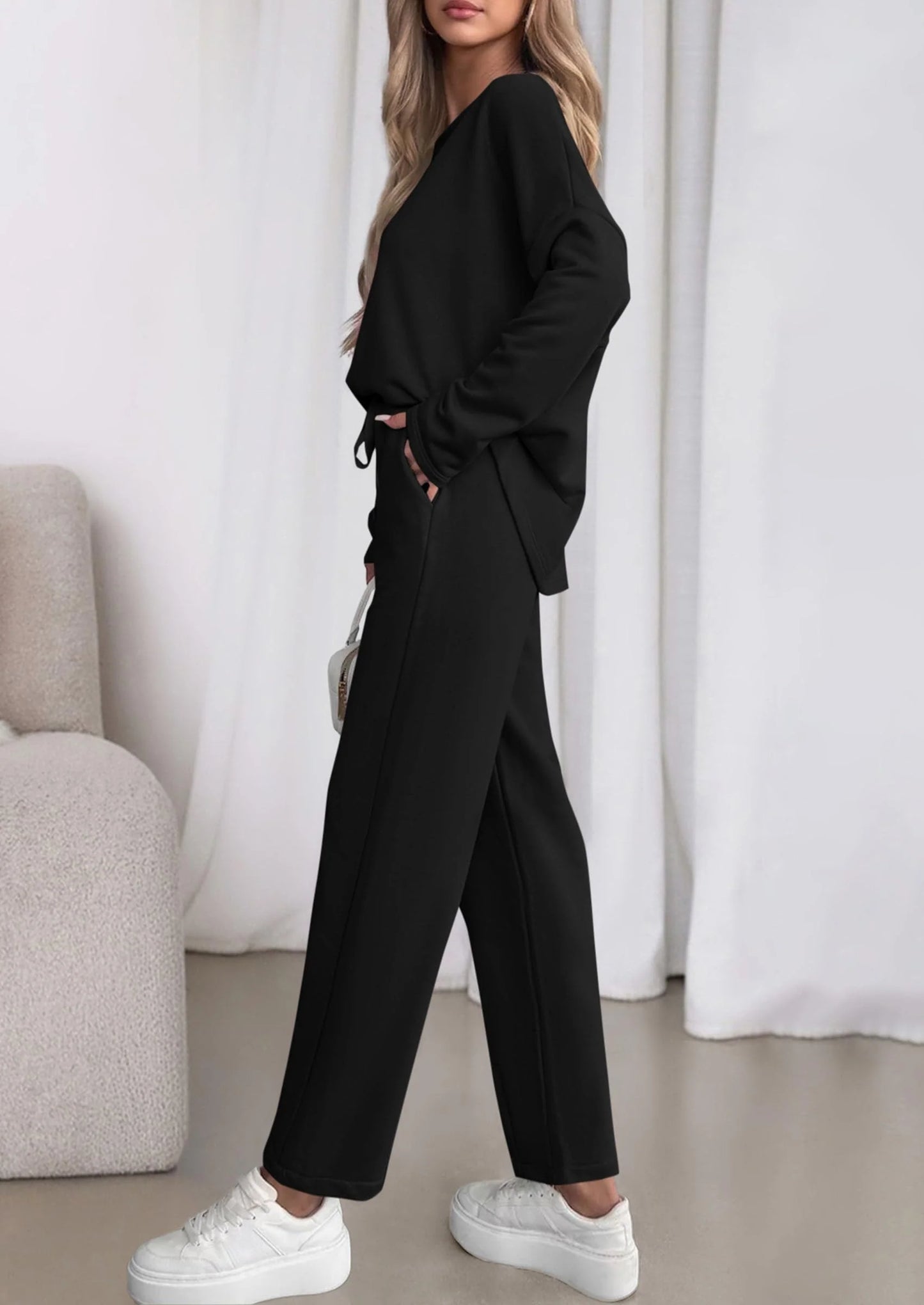 Womens 2 Piece Matching Lounge Sets Fall Long Sleeve Boatneck Sweatsuit Drawstring Sweatpants Pockets