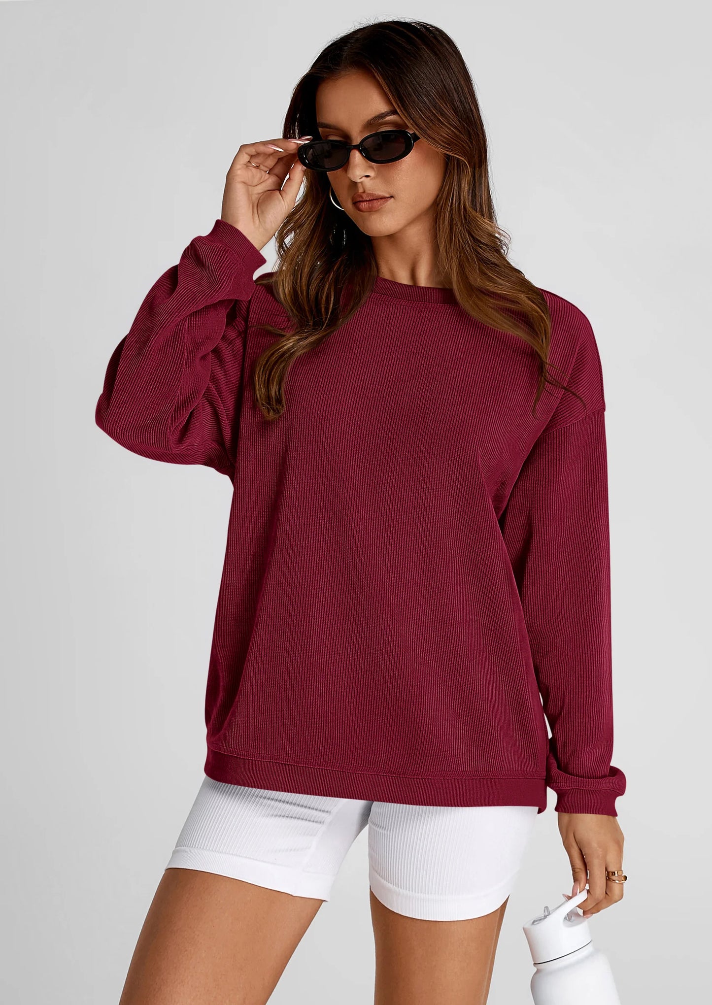 Women's Oversized Sweatshirt 2025 Fall Fashion Clothes Ribbed Corduroy Long Sleeve Going Out Pullover Tops