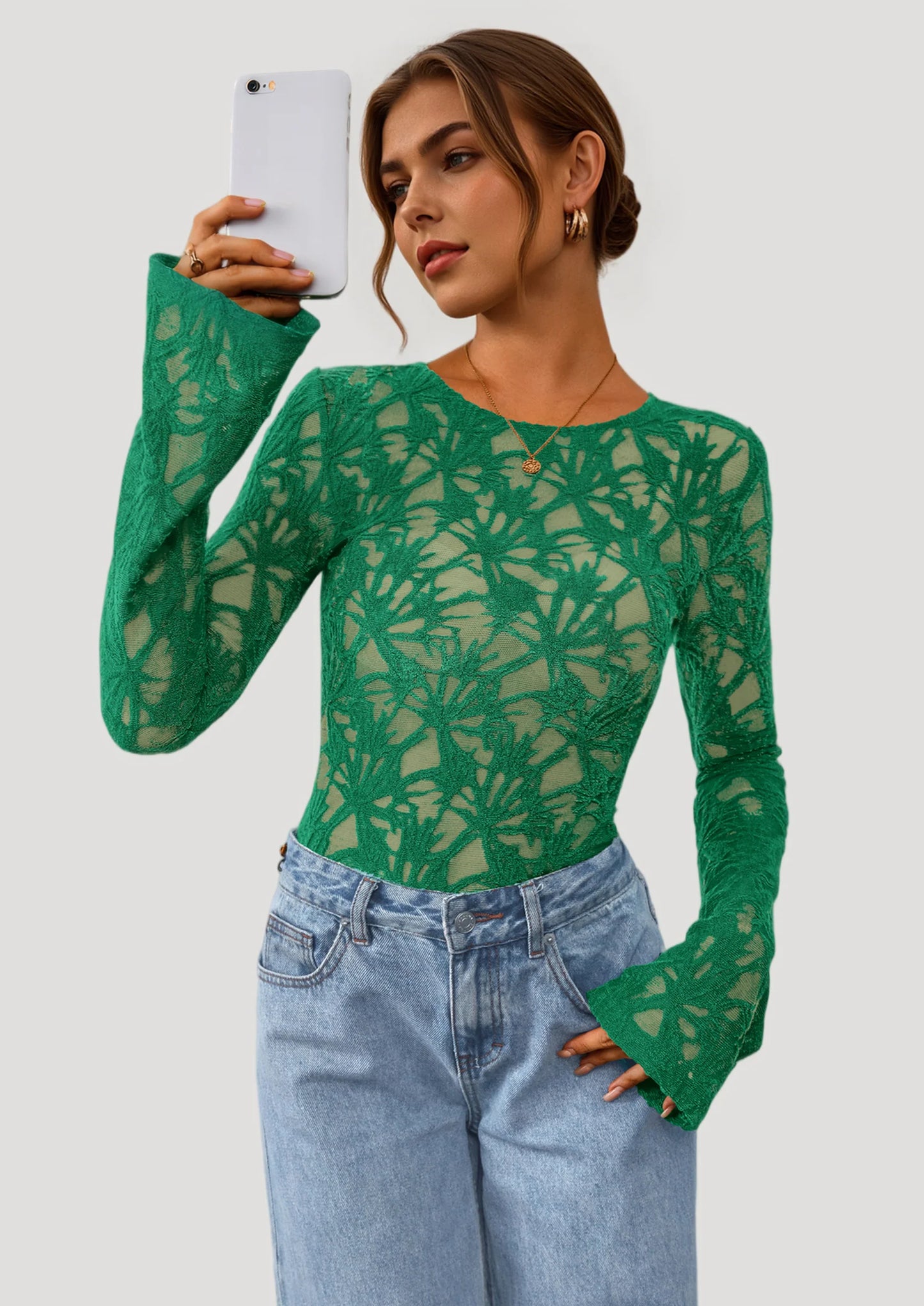 Womens Lace Long Bell Sleeve Tops Fall Sexy See Through Sheer Floral Blouse Shirt Fitted Going Out Outfits