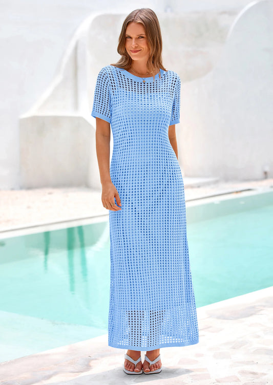 Womens Eyelet Cover Up Dress Summer Vacation Resort Maxi Dresses Beach Short Sleeve Hollow Out Sundress