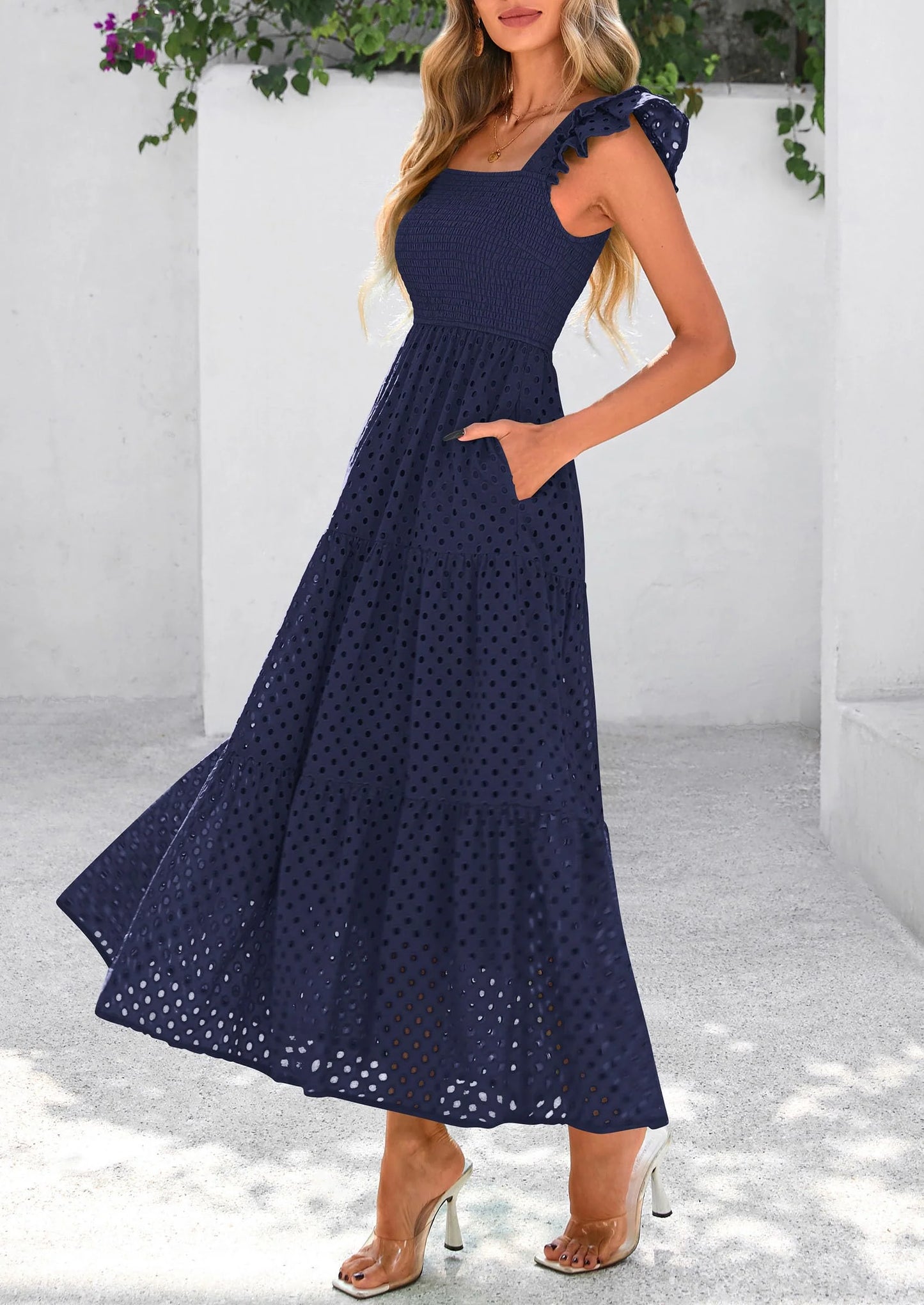 Womens Square Neck Maxi Dresses Cap Sleeve Eyelet Smocked Tiered A Line Flowy Long Dress with Pockets