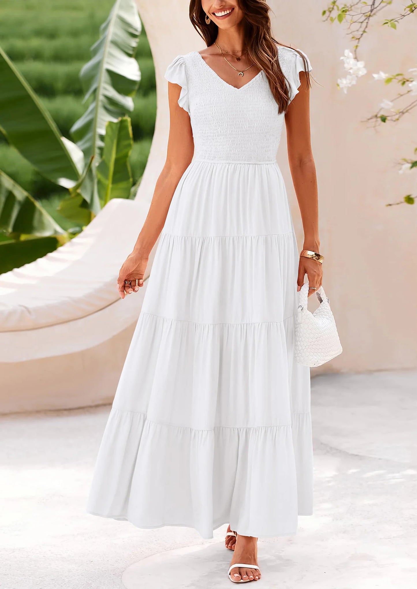 Women's Flowy Maxi Dress Casual Cap Sleeve V Neck Smocked Beach Sundress