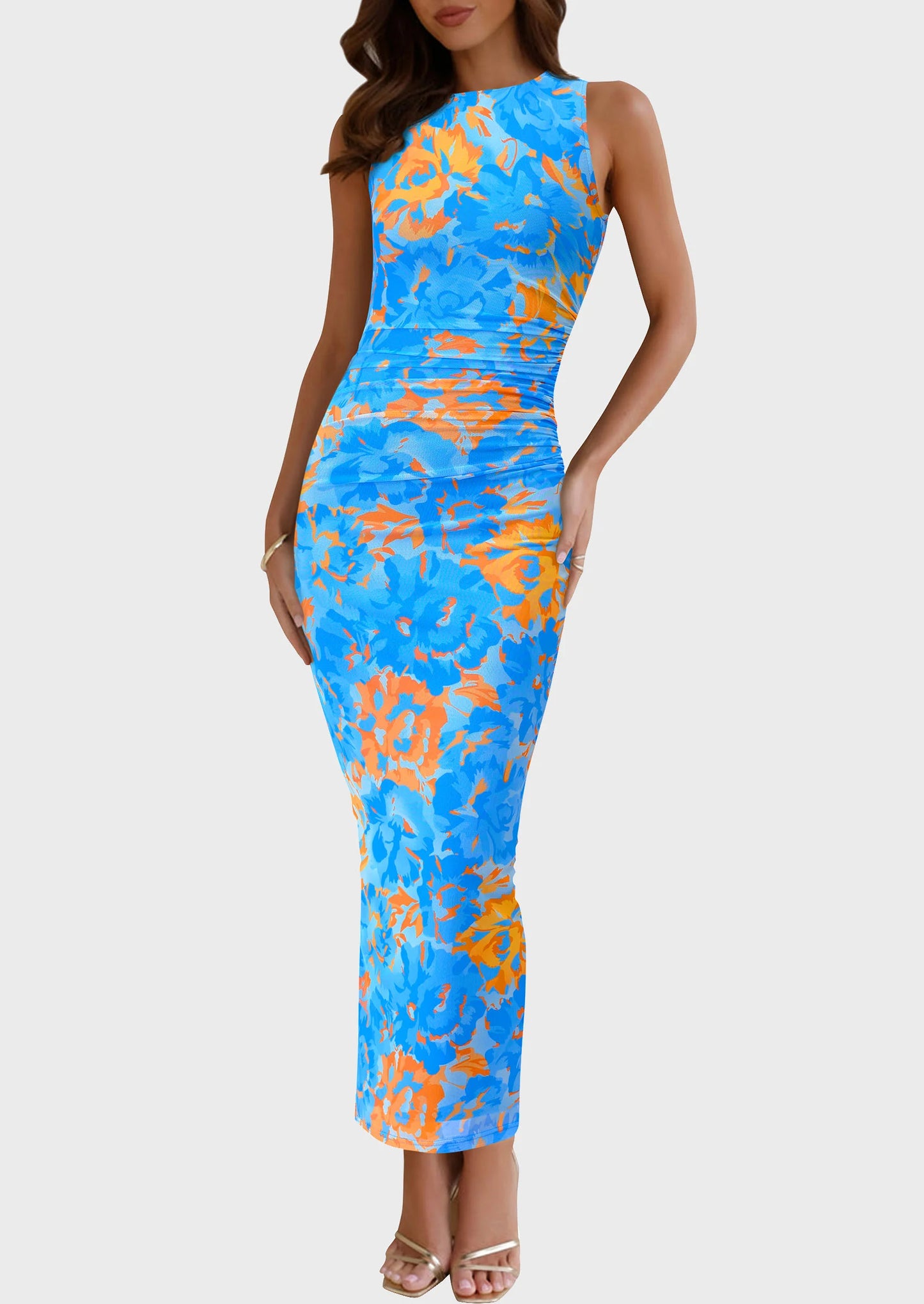 Wedding Guest Dresses for Women Spring Floral Bodycon Sleeveless Mesh Maxi Long Dress