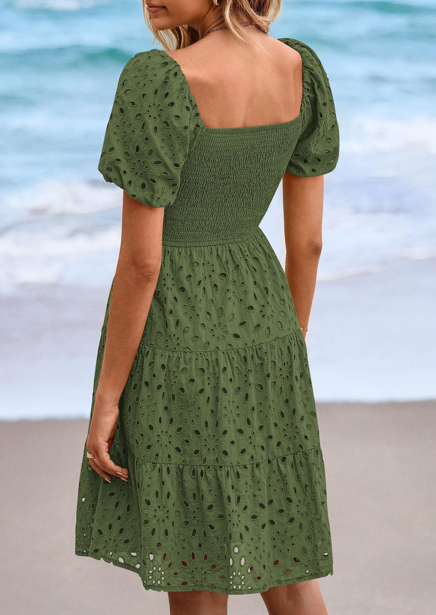 Womens Summer Puff Sleeve Mini Dress Off Shoulder Eyelet Smocked A Line Casual Babydoll Short Dresses