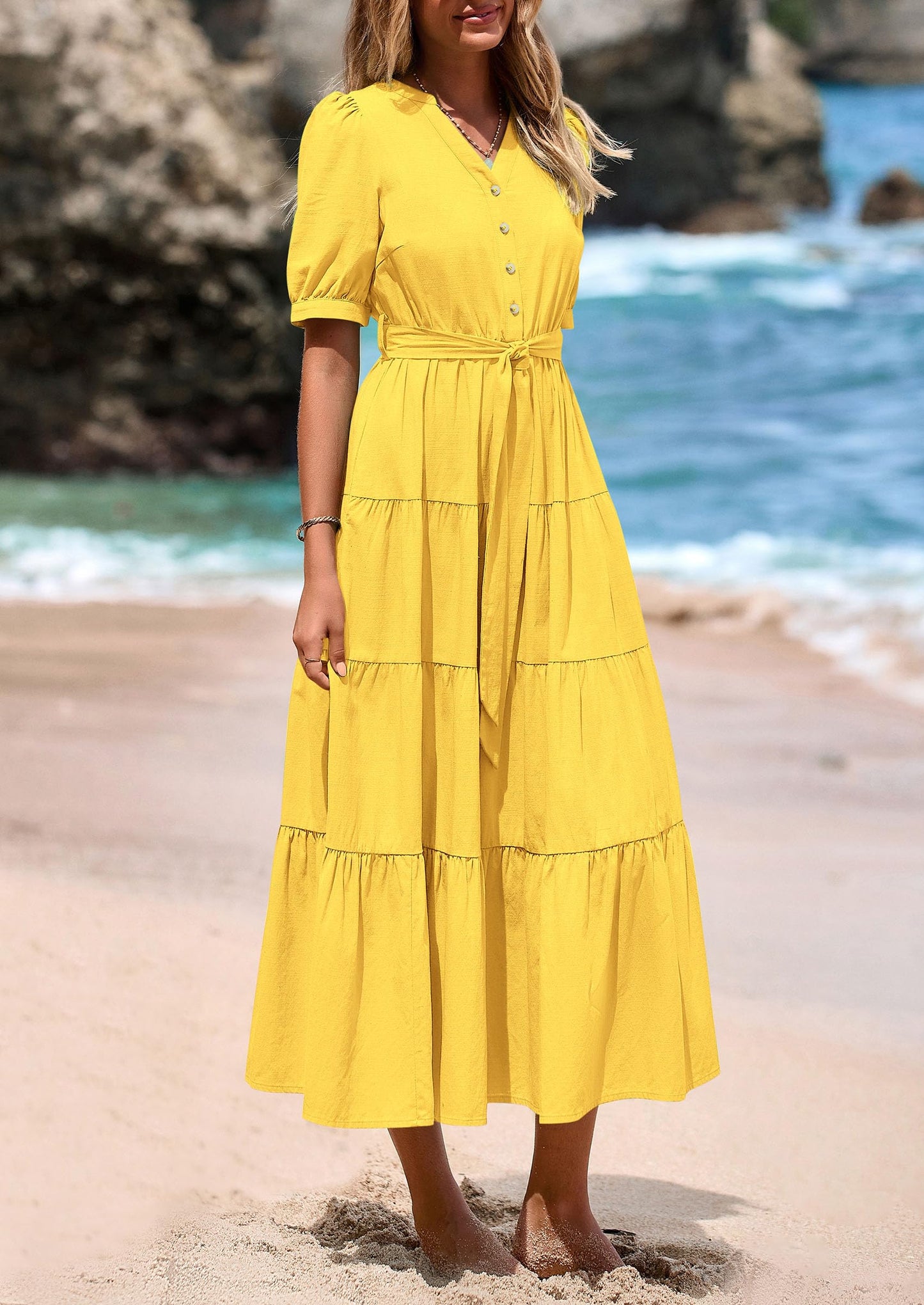 Women's Midi Dress Casual Short Sleeve V Neck Buttons Belted Ruffle A Line Flowy Dress with Pockets
