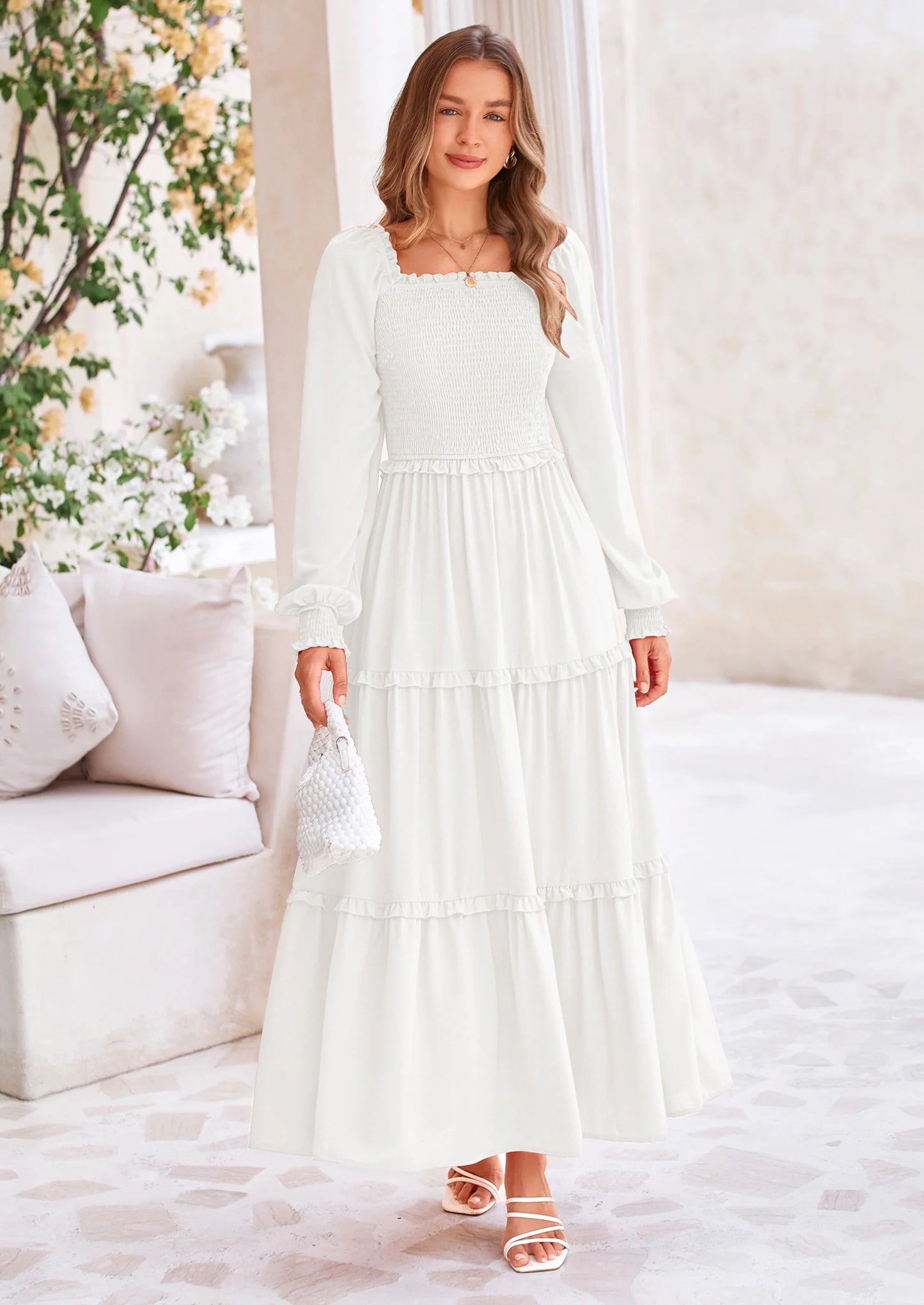 Fall Wedding Guest Dresses for Women Long Sleeve Square Neck Tiered A Line Modest Elegant Flowy Dresses