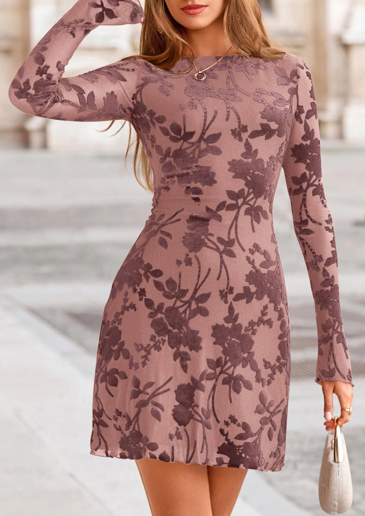 Women's Fall Fashion Floral Long Sleeve Mini Dress Mesh Bodycon Short Party Date Night Going Out Dresses