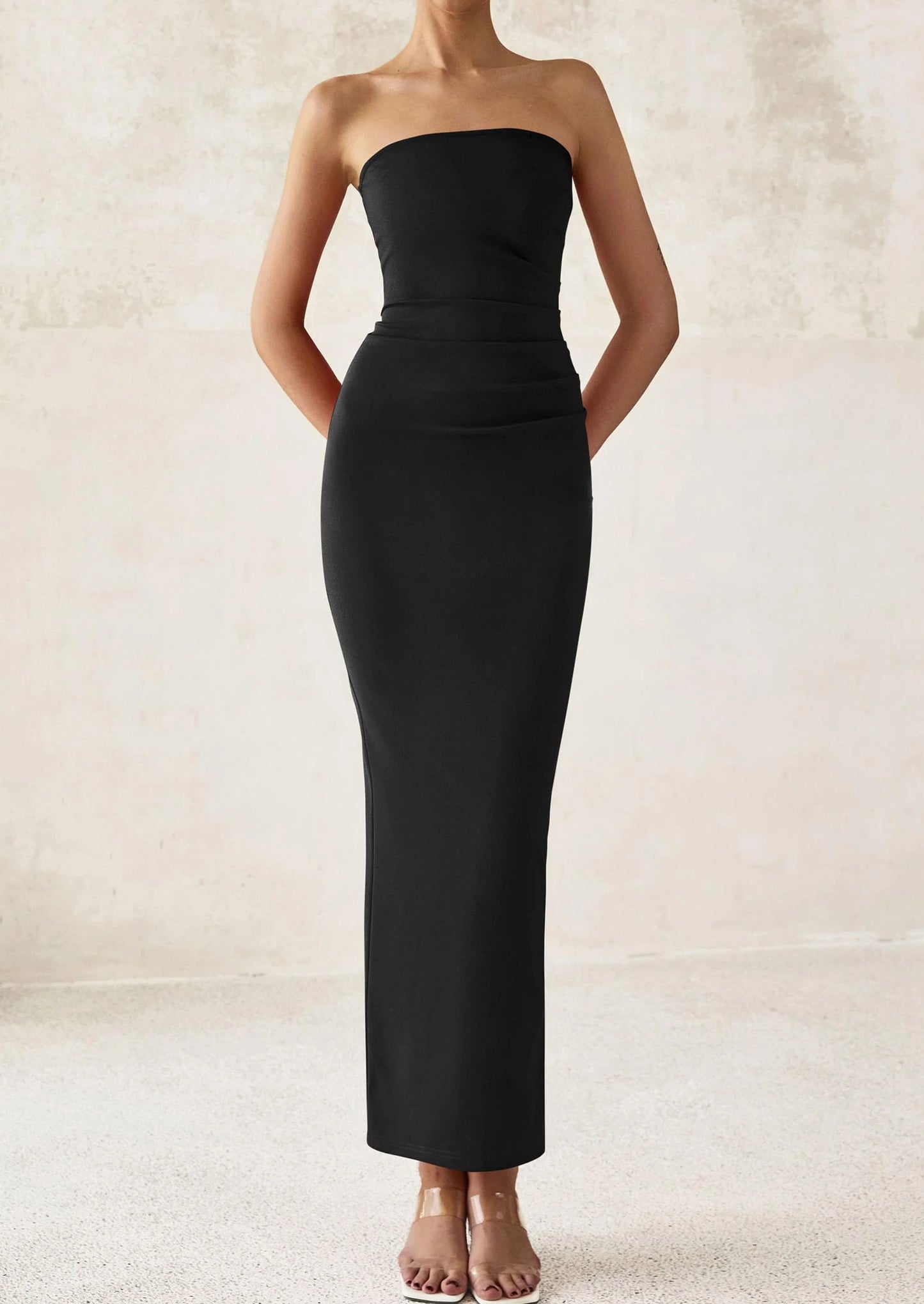 Women's Semi Formal Cocktail Dresses Strapless Tube Bodycon Ruched Evening Wedding Guest Maxi Dress