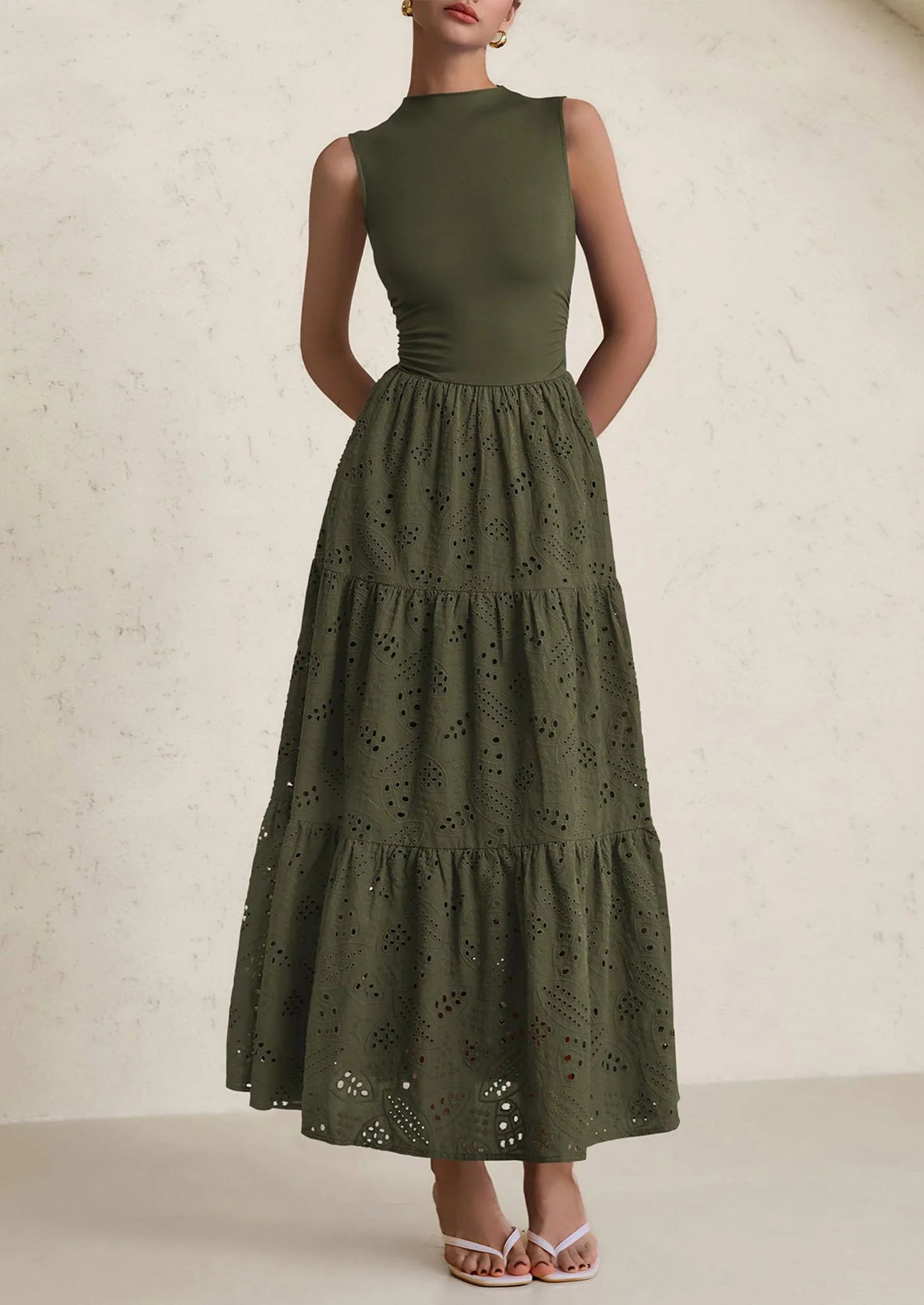 Dresses for Women Casual Eyelet Sleeveless Wedding Guest Maxi Dress Tank Top Sundress with Pockets