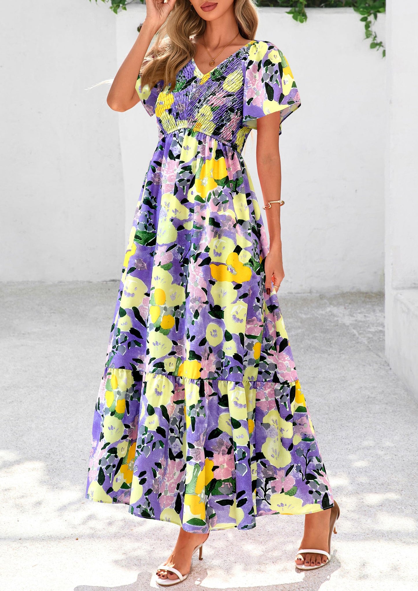 Women Floral Boho Maxi Dresses Short Sleeve V Neck Smocked A Line Long Flowy Beach Vacation Dress