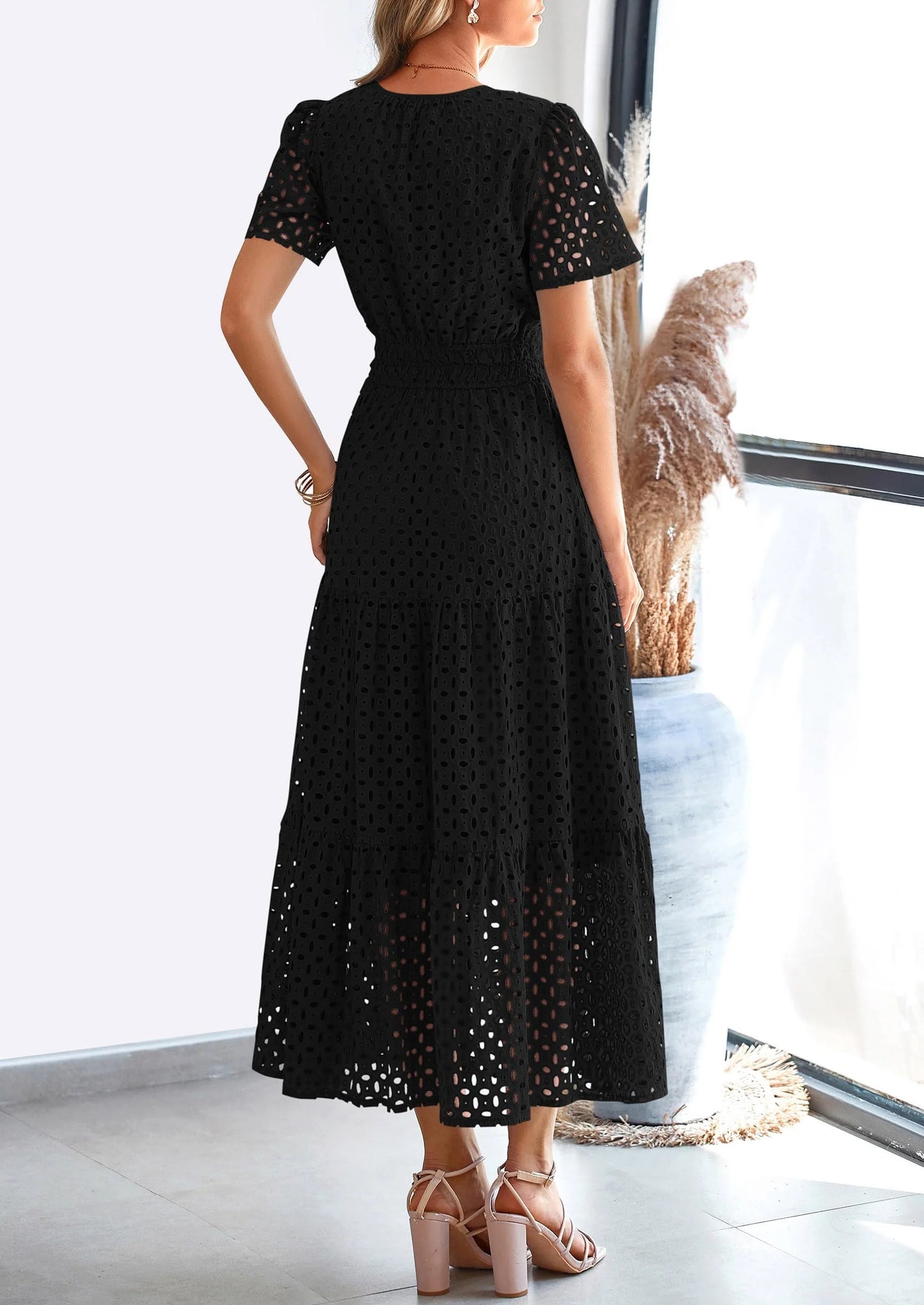 Womens Maxi Dress Short Sleeve V Neck Hollow Out Eyelet A Line Long Flowy Beach Vacation Dresses