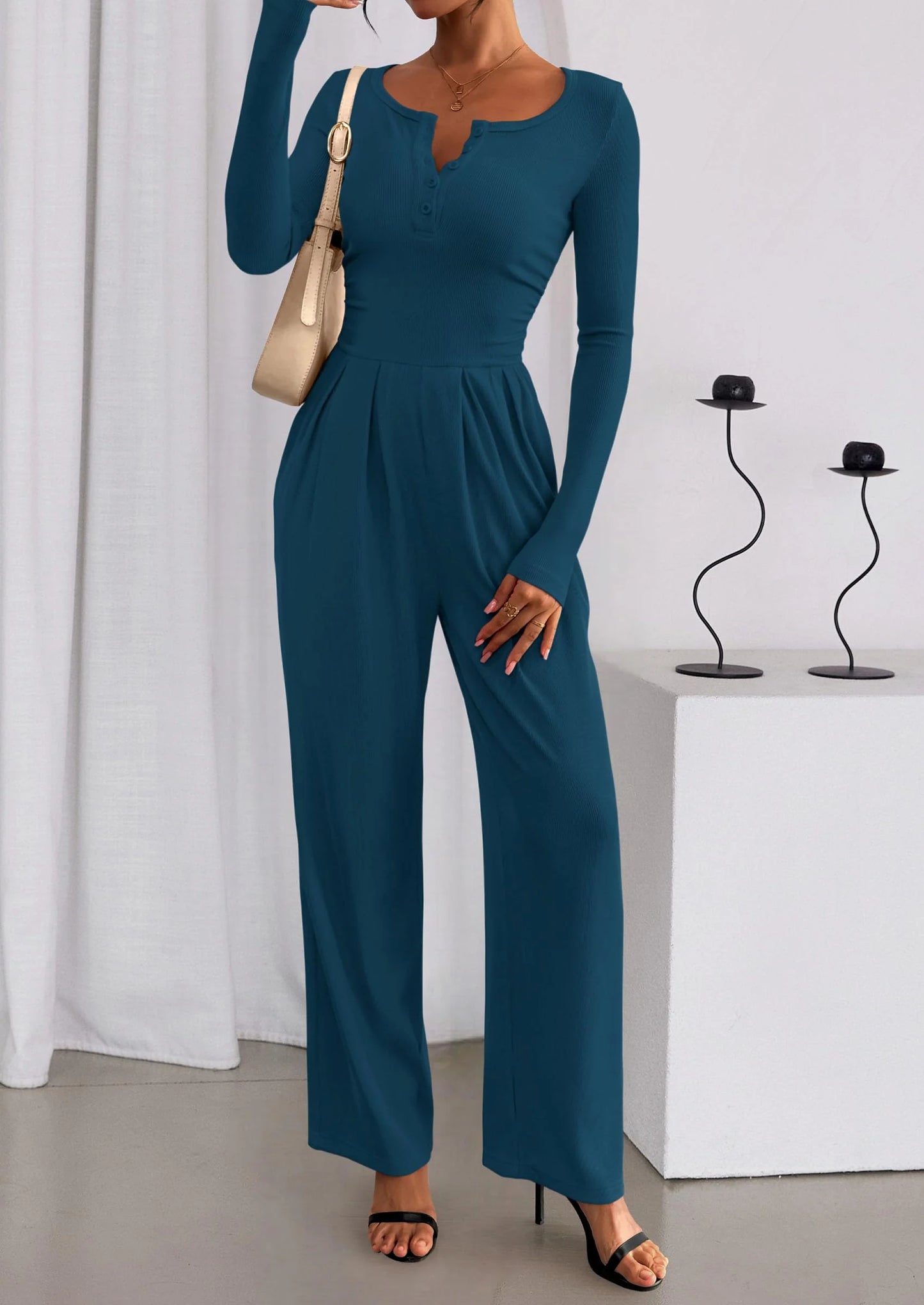 Jumpsuits for Women Dressy Casual Fall One Piece Outfits Long Sleeve Crew Neck Wide Leg Pants Rompers