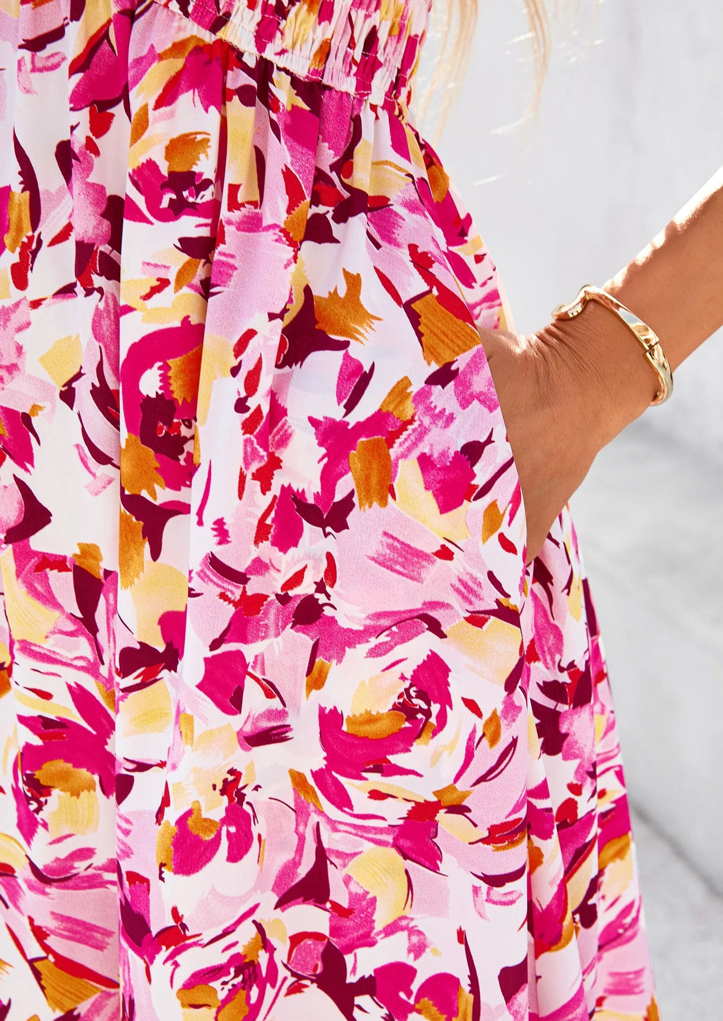 Women Floral Boho Maxi Dresses Short Sleeve V Neck Smocked A Line Long Flowy Beach Vacation Dress