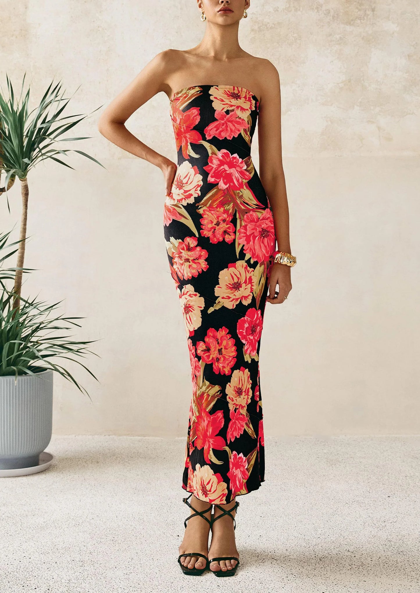 Women's Floral Bodycon Maxi Dresses Ribbed Strapless Tube Casual Boho Party Long Dress