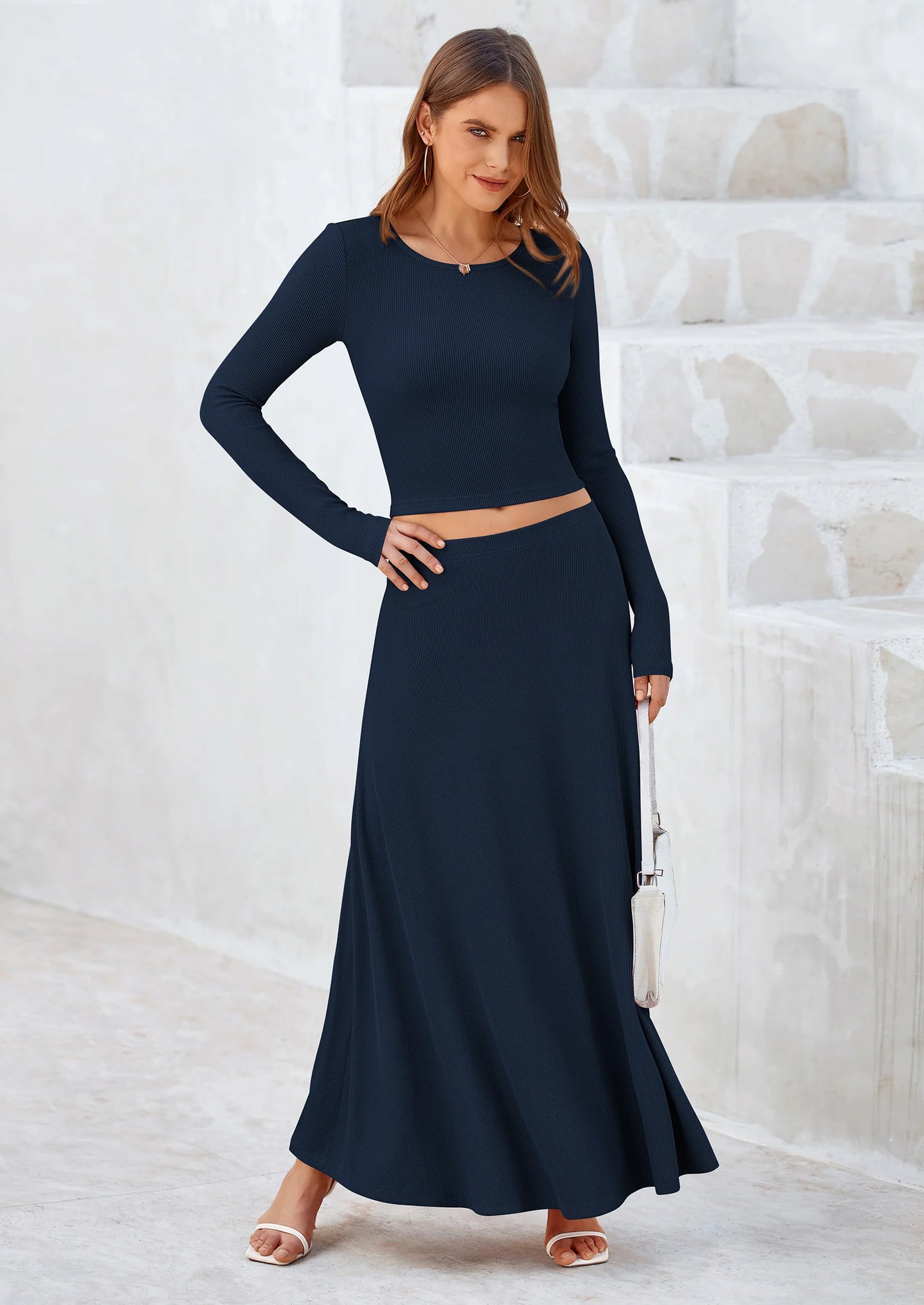 2 Piece Casual Ribbed Knit Long Sleeve Crop Tops Maxi Flowy Skirts Matching Sets