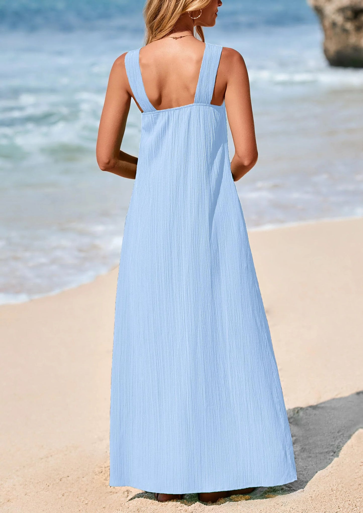 Womens Casual Long Summer Dresses Sleeveless Strappy Loose Flowy Beach Vacation Maxi Dress with Pockets
