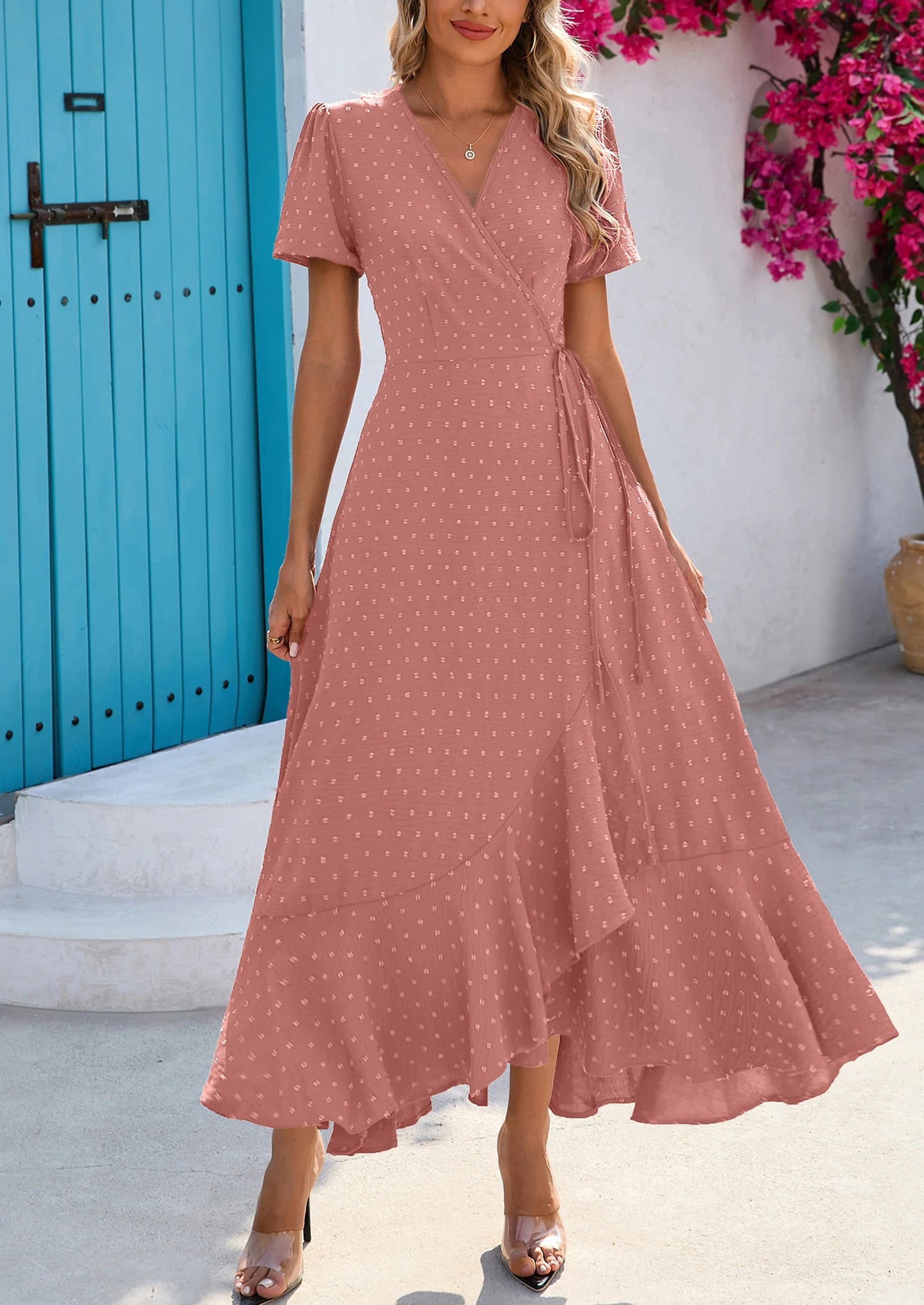 Women's Summer Maxi Dress Casual Wrap Floral Boho Short Sleeve V Neck Split Ruffle Beach Long Dresses